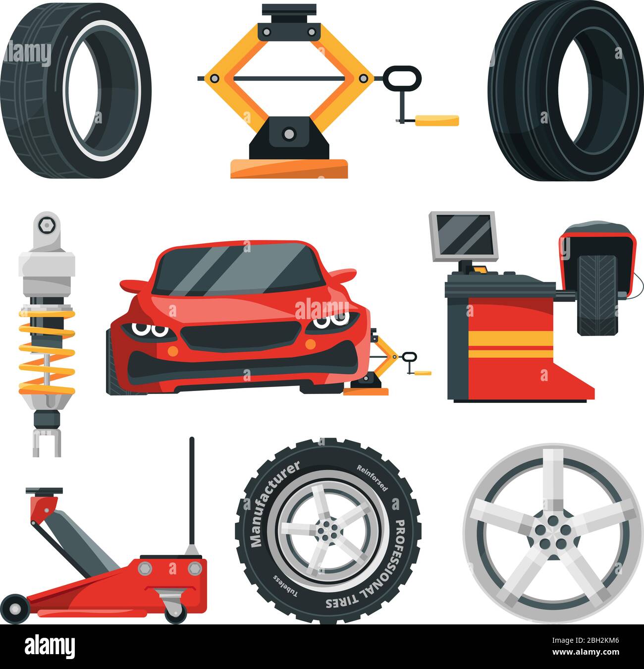 Abbildungen des Reifenservice. Auto-Service-Reifen und Reparatur-Rad, Kfz-Wartung Garage Vektor Stock Vektor