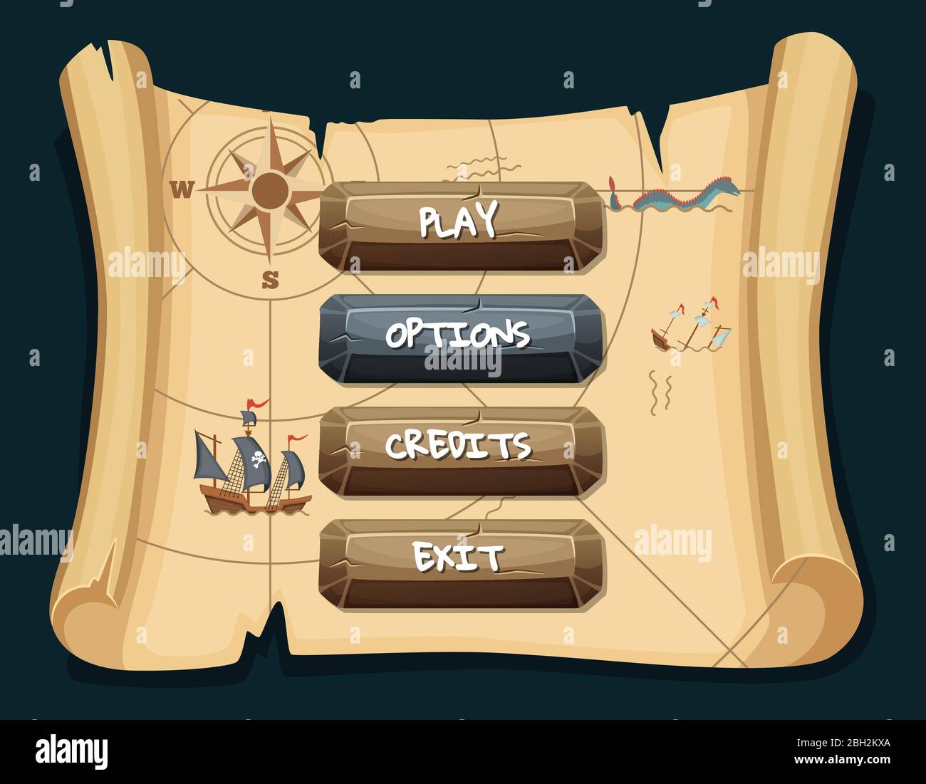 Vektor Cartoon Stil Stein aktiviert und deaktiviert Tasten mit Text für Spiel-Design auf Schatzkarte Scroll Hintergrund. Illustration der Schnittstelle Pirat Stock Vektor