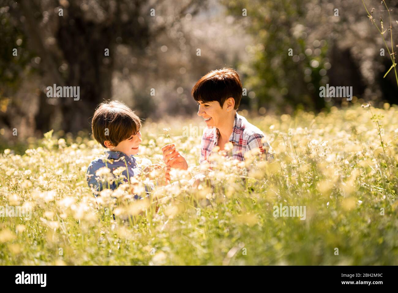 Mutter und Tochter in einem Feld von Wildblumen Stockfoto