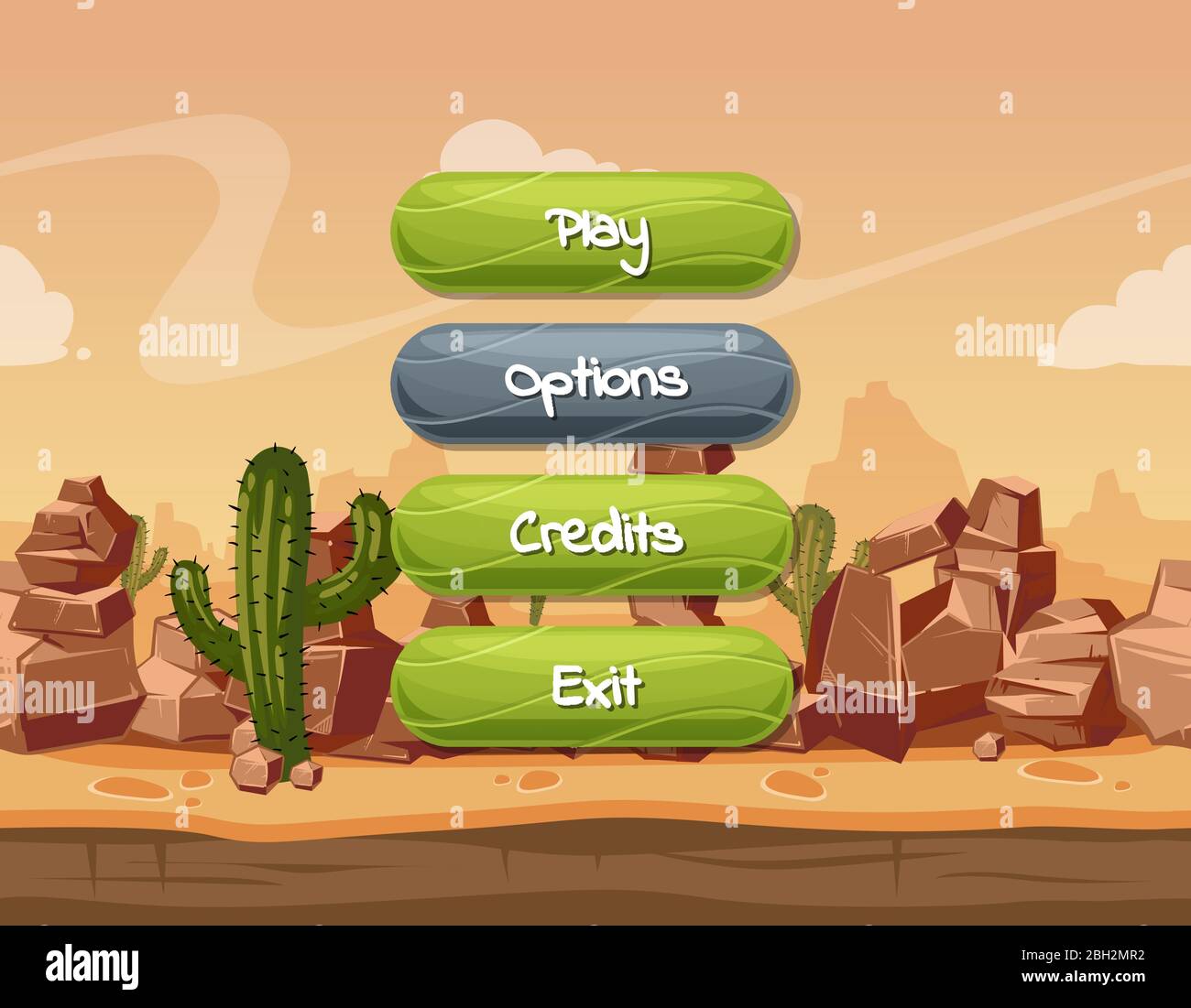 Vektor Cartoon Stil wellig aktiviert und deaktiviert Tasten mit Text für Spiel-Design auf orange Felsen, Himmel und Kaktus Wüste Landschaft Hintergrund. Taste p Stock Vektor