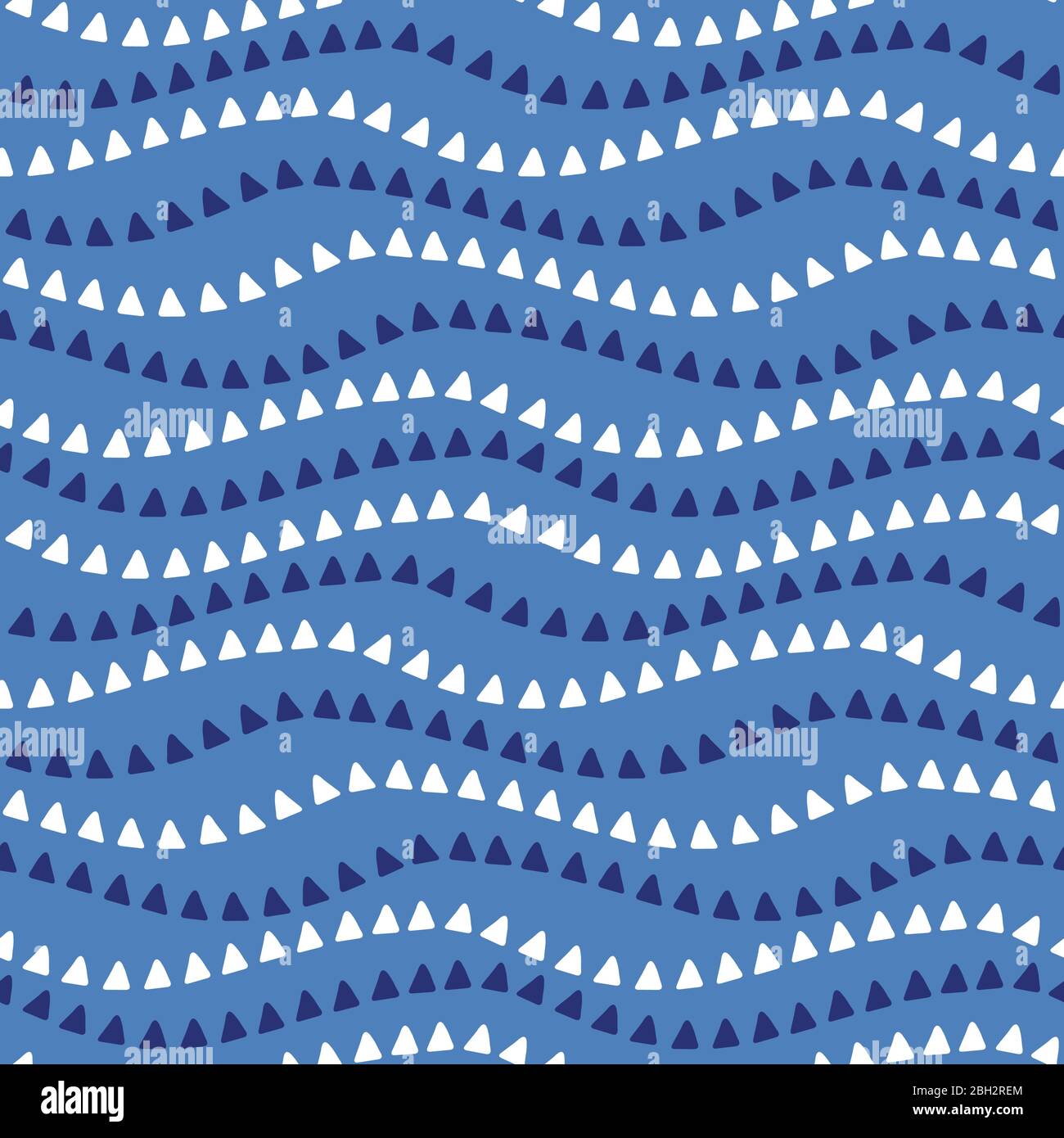 Dreiecksmuster. Vektor nahtlose Wiederholung Muster von kleinen blauen und weißen Dreiecken in einem welligen Streifen. Niedliches Design Hintergrund Element. Stock Vektor