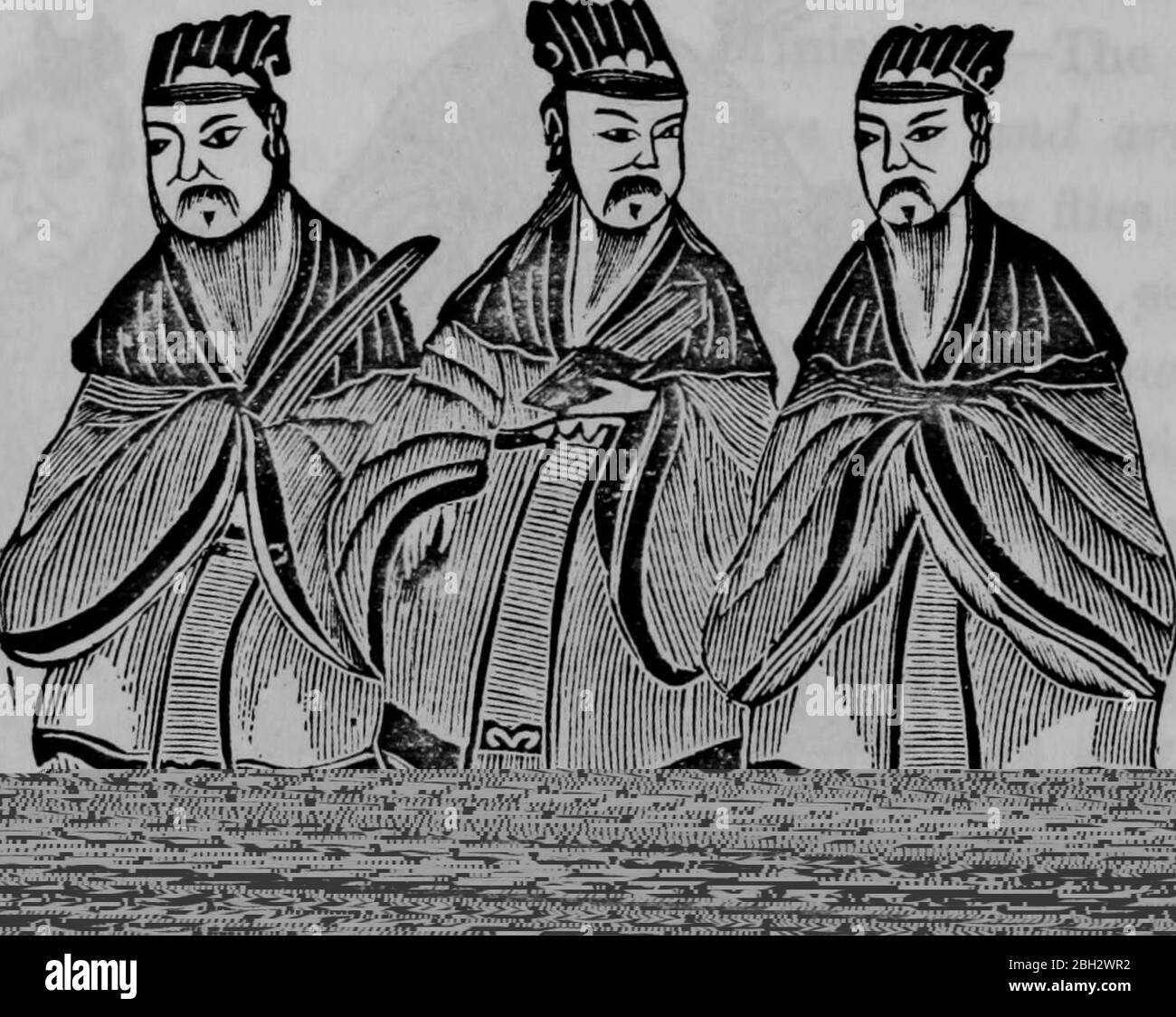 Illustration aus dem Buch 'der Drache, Bild und Dämon' von Hampden DuBose, mit den drei Mandarinen in chinesischen traditionellen Gewändern, herausgegeben von A. C. Armstrong und Son, 1887. Courtesy Internet Archive. () Stockfoto