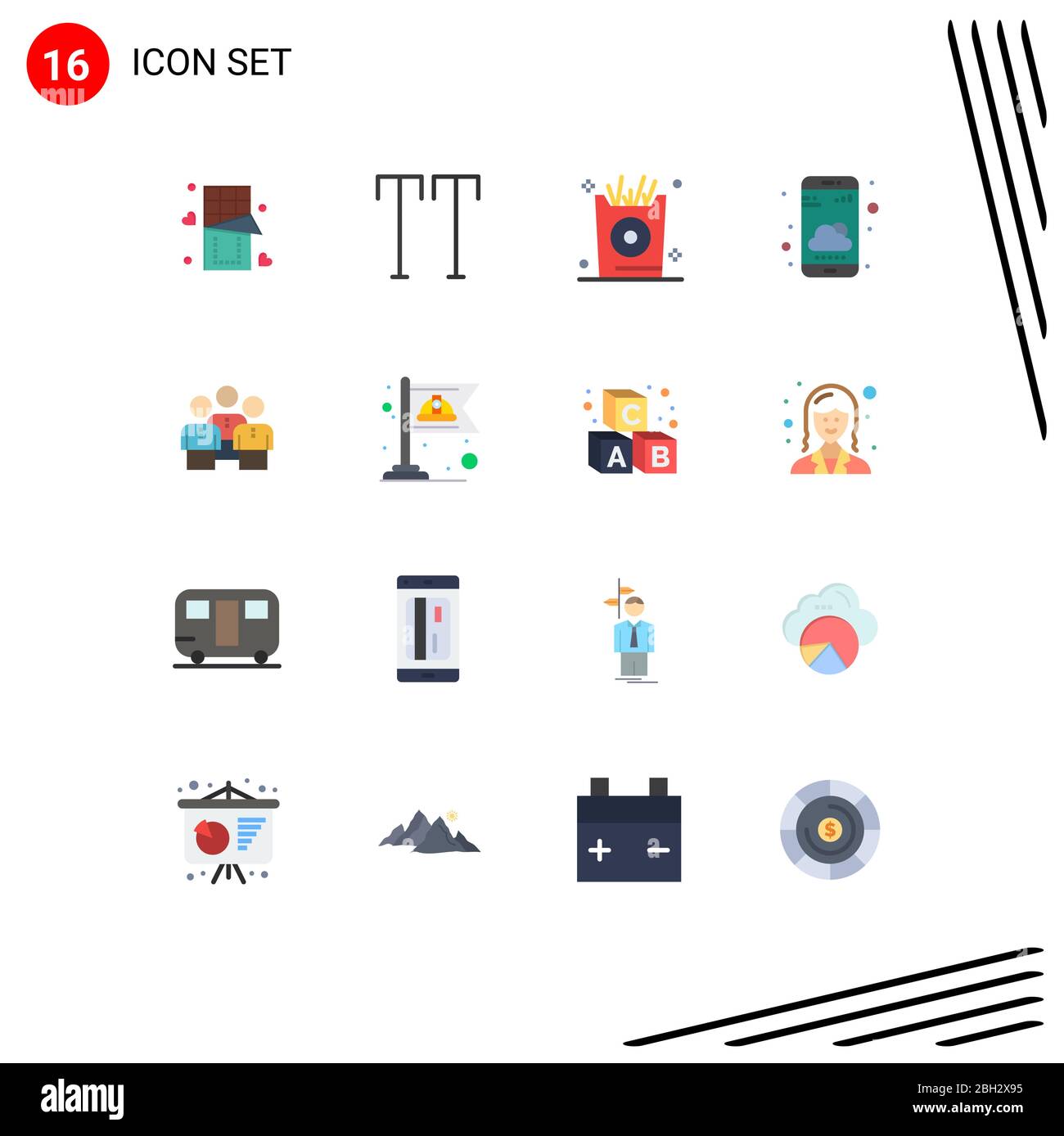 Piktogramm-Set von 16 einfachen Flachen Farben der Gruppe, Freunde, Urlaub, Wetter-App, Smartphone editierbar Pack von Creative Vector Design-Elemente Stock Vektor