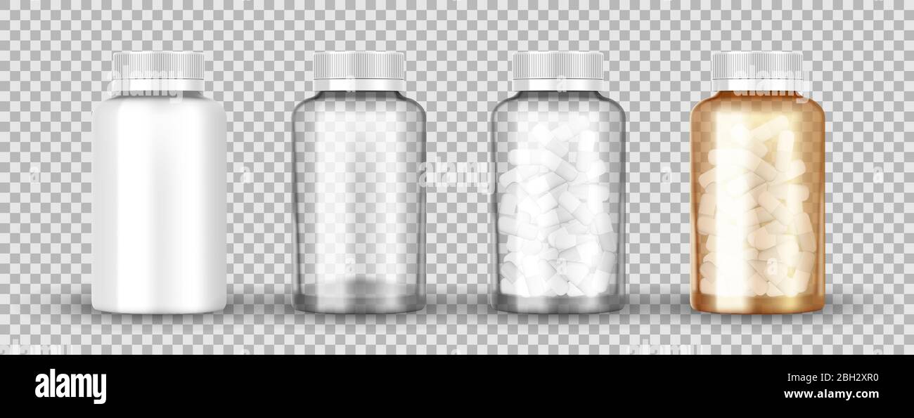 Realistische transparente medizinische orange Pillen Flasche isoliert. Leer, voll von Kapsel Pillen Kunststoff und Glas. Pharmazeutische Flasche Produkt Stock Vektor