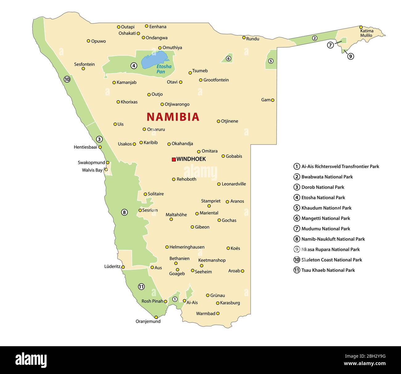 Vektorkarte der Nationalparks von Namibia Stock Vektor