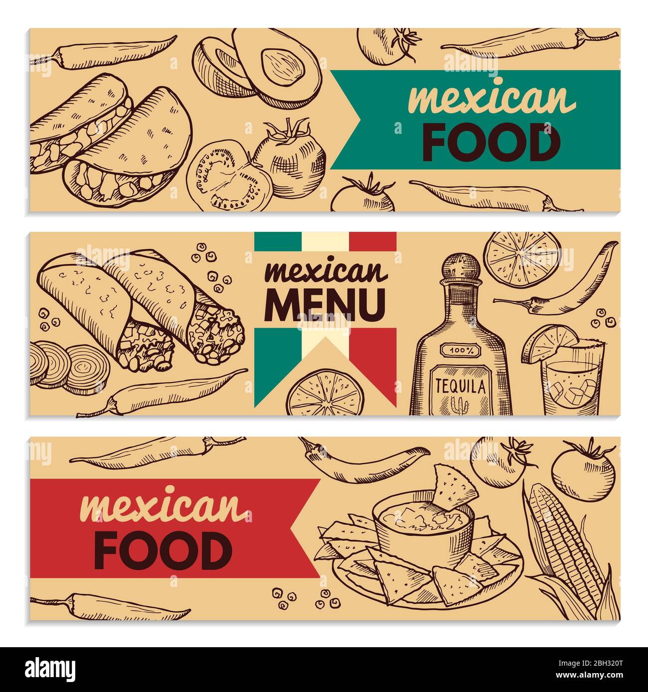 Banner mit Bild von verschiedenen mexikanischen Speisen für das Restaurant Menü. Mexikanische Speisekarte mit Werbebannern. Vektorgrafik Stock Vektor