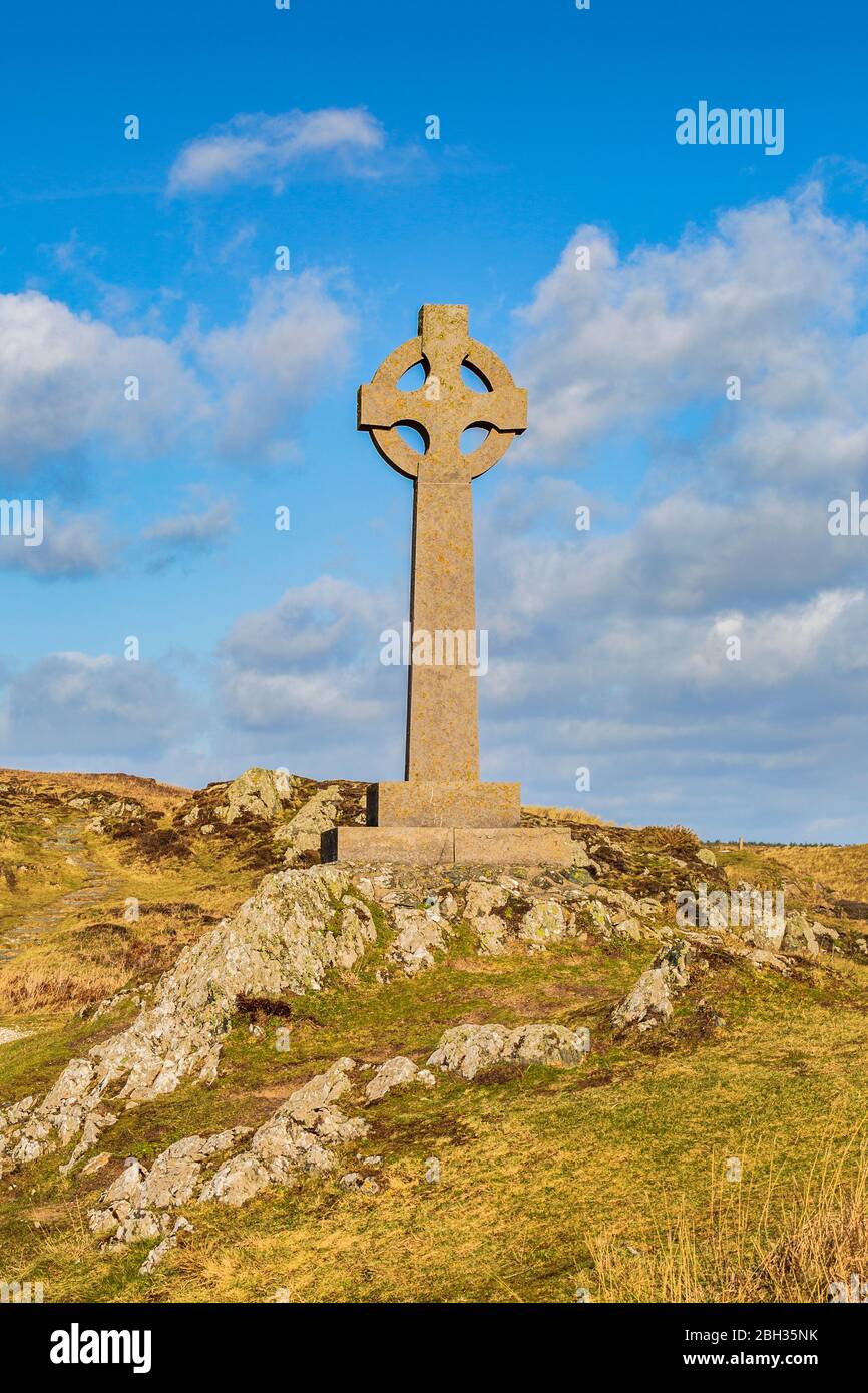 Das Keltenkreuz auf der Insel Llanddwyn, Anglesey Stockfoto