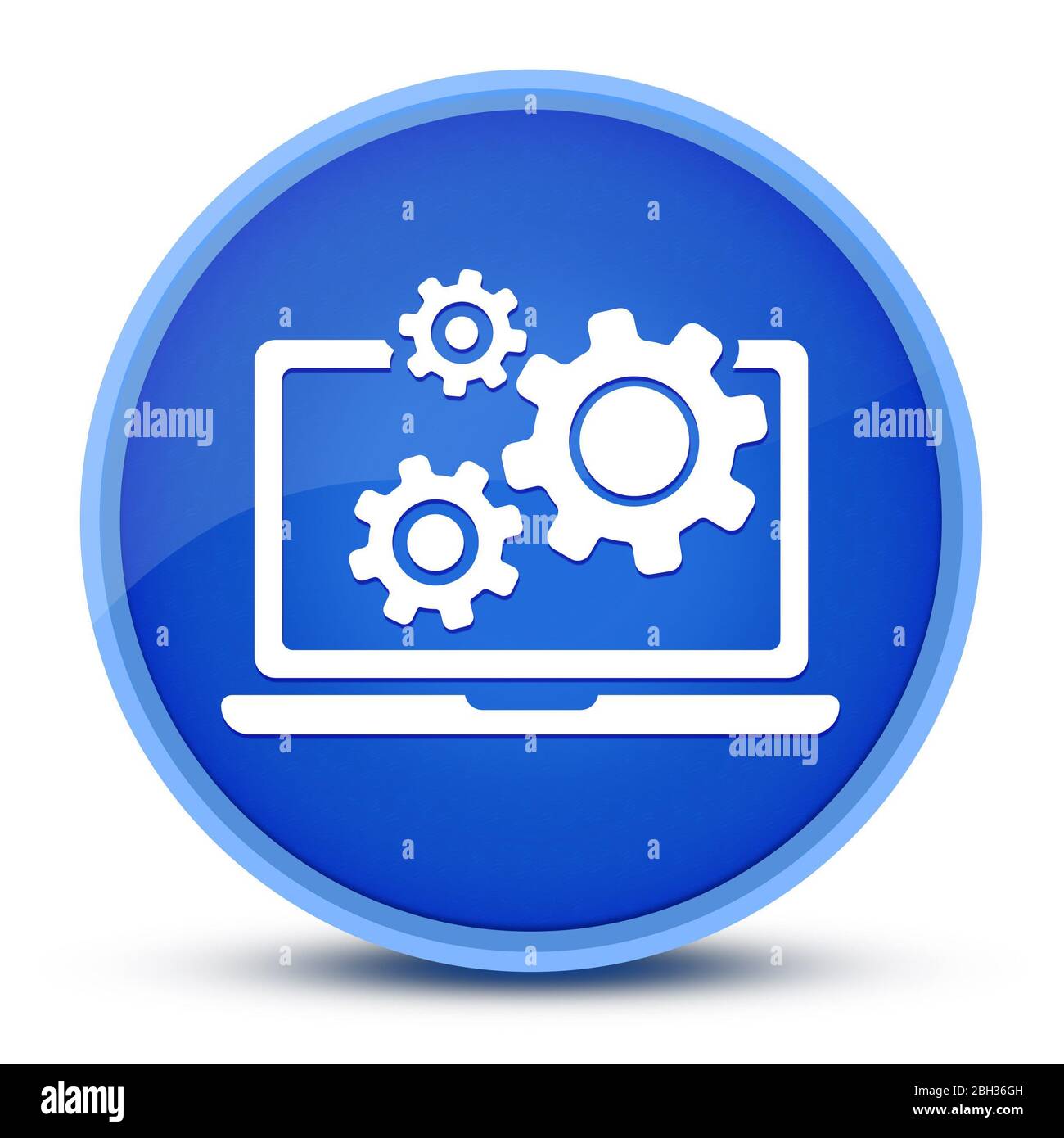 Laptop und Zahnräder Symbol isoliert auf spezielle blaue runde Taste abstrakte Illustration Stockfoto