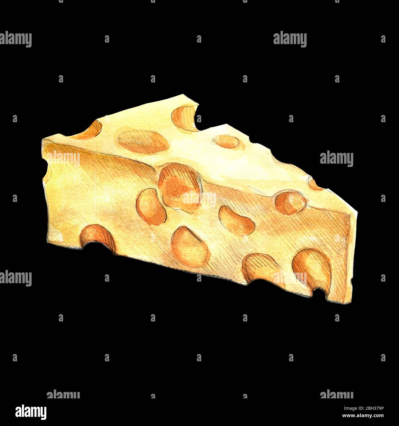 Käse Aquarell Illustration auf schwarzem Hintergrund Stockfoto