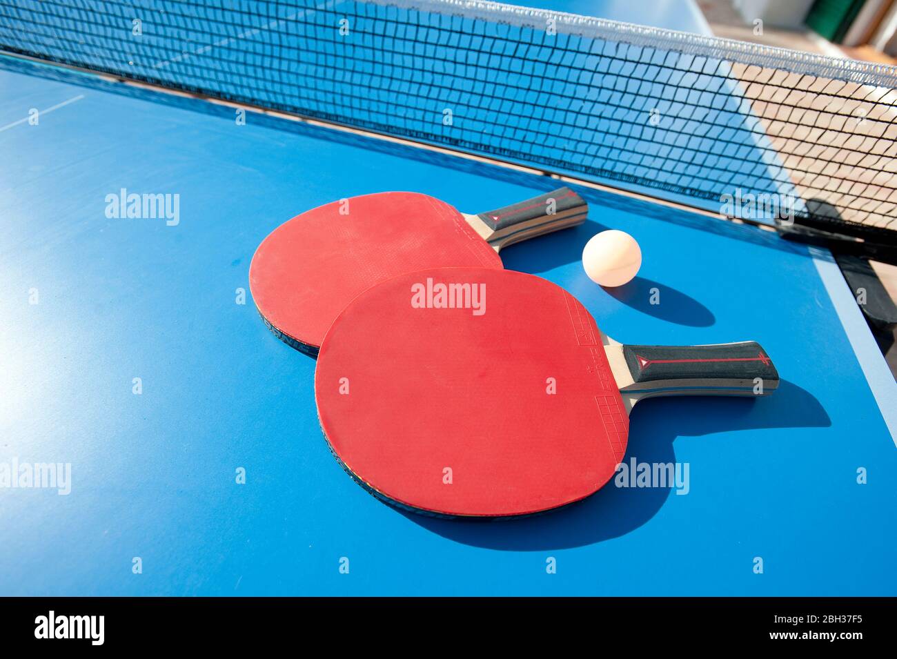 Tischtennis Fledermäuse und Ball auf dem Tisch mit Netz Stockfoto