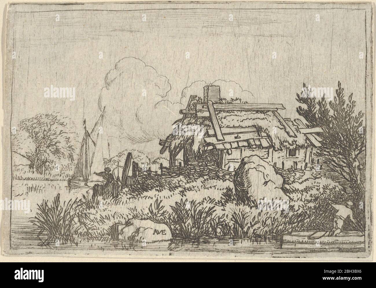 Die Ruine Cottage, umgeben von Wasser, 17. Jahrhundert. Erster Zustand von drei. Stockfoto