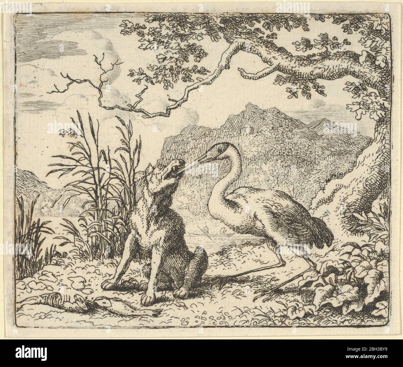 Der Storch entfernt einen Knochen aus der Kehle des Wolfes. Aus Hendrick van Alcmars Renard the Fox, 1650-75. Dritter Zustand von vier. Stockfoto