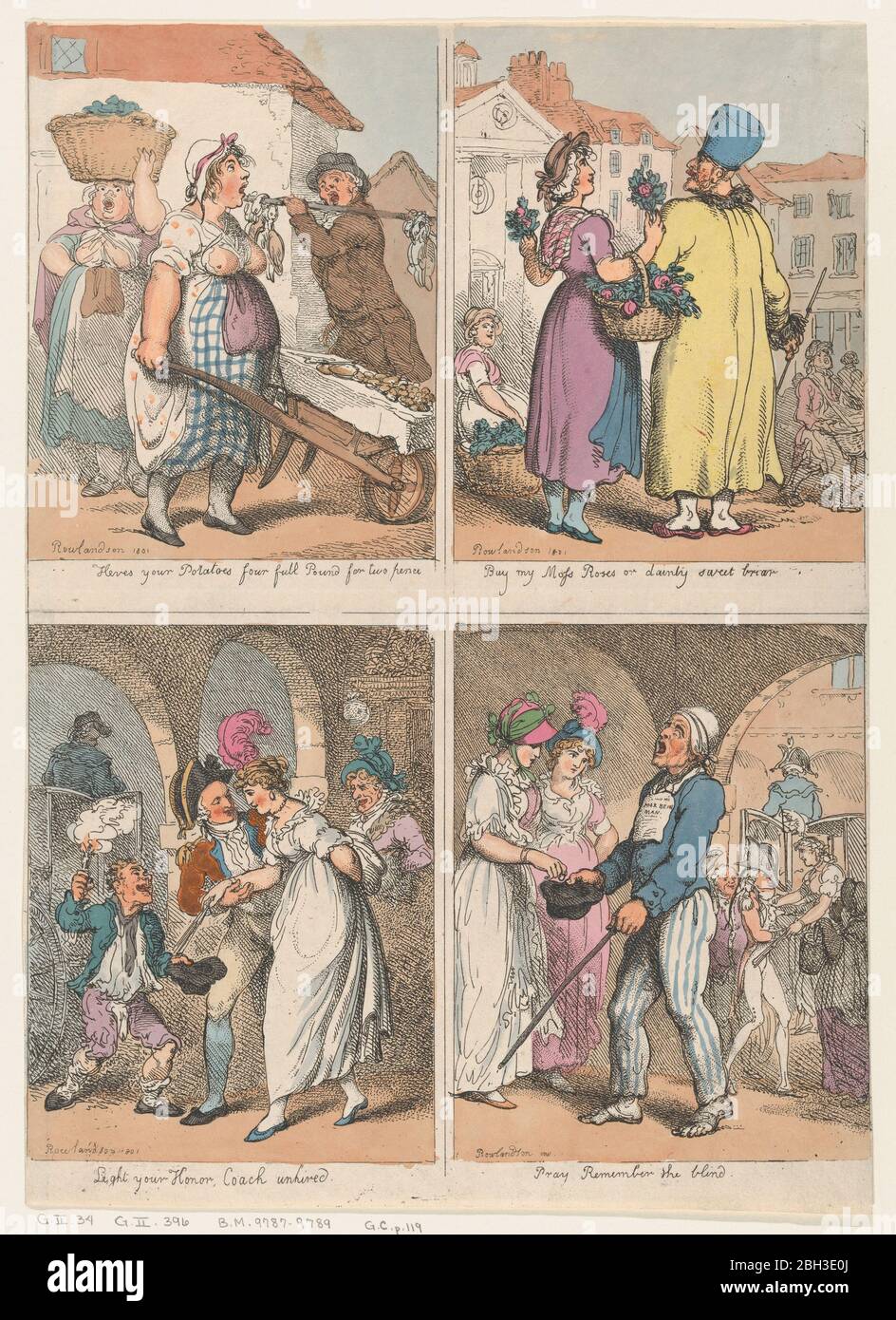 Vier Szenen aus der Serie "Schreie von London": Hier ist deine Kartoffeln...; Kaufen Sie meine Moosrosen...; Licht Ihre Ehre; Beten Sie erinnern Sie sich an den Blinden, 1. August 1801. Stockfoto