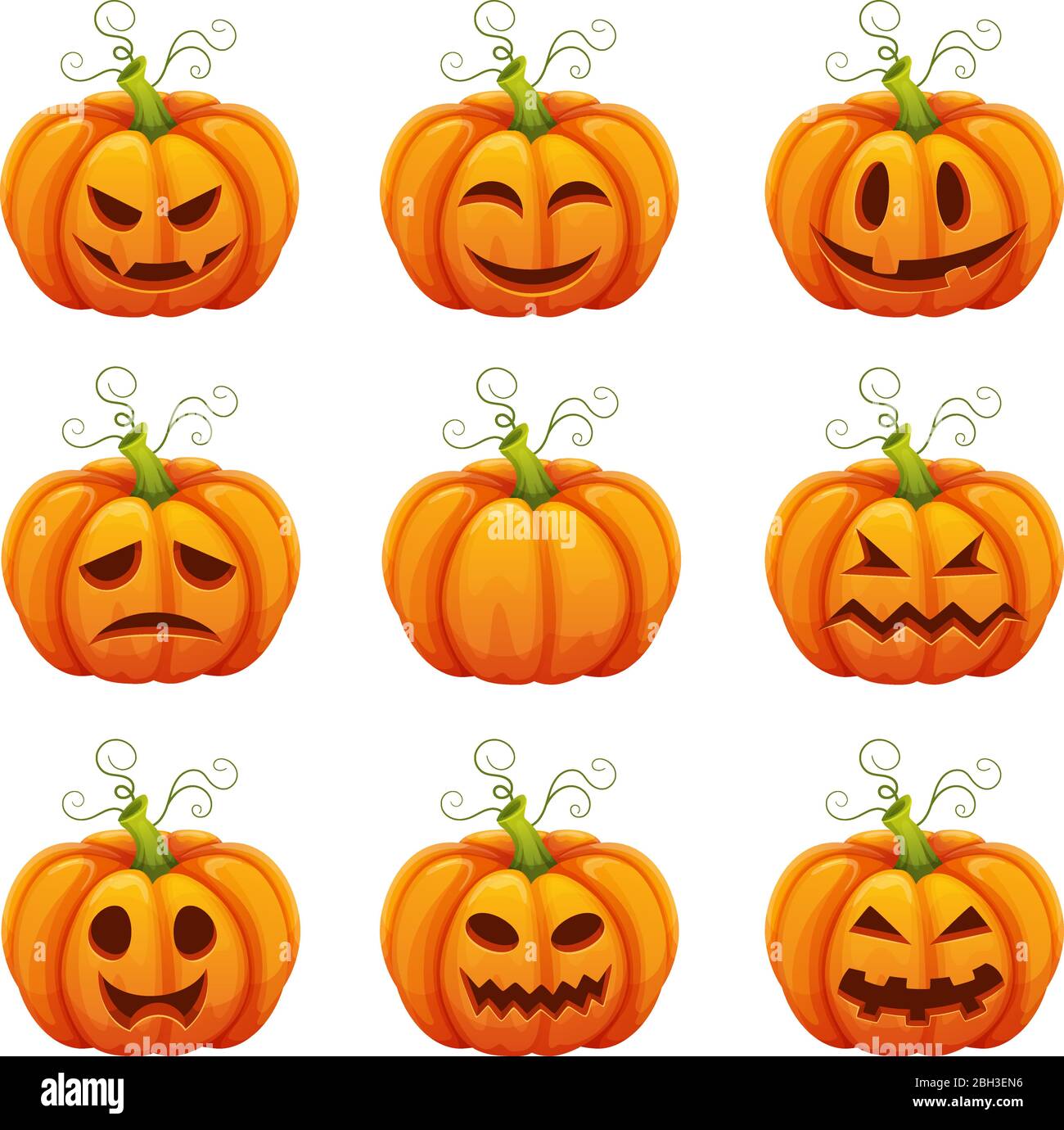 Kürbis mit lustigen Gesichtern. Unterschiedliche Emotionen. Halloween-Symbole im Cartoon-Stil Stock Vektor