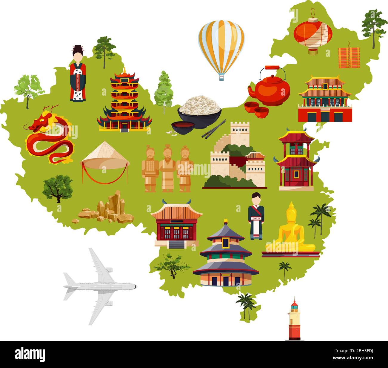 Chinesische Reiseillustration mit verschiedenen Kulturobjekten. Vektor-Karte im Cartoon-Stil. China Karte für Tourismus und Reisen Stock Vektor