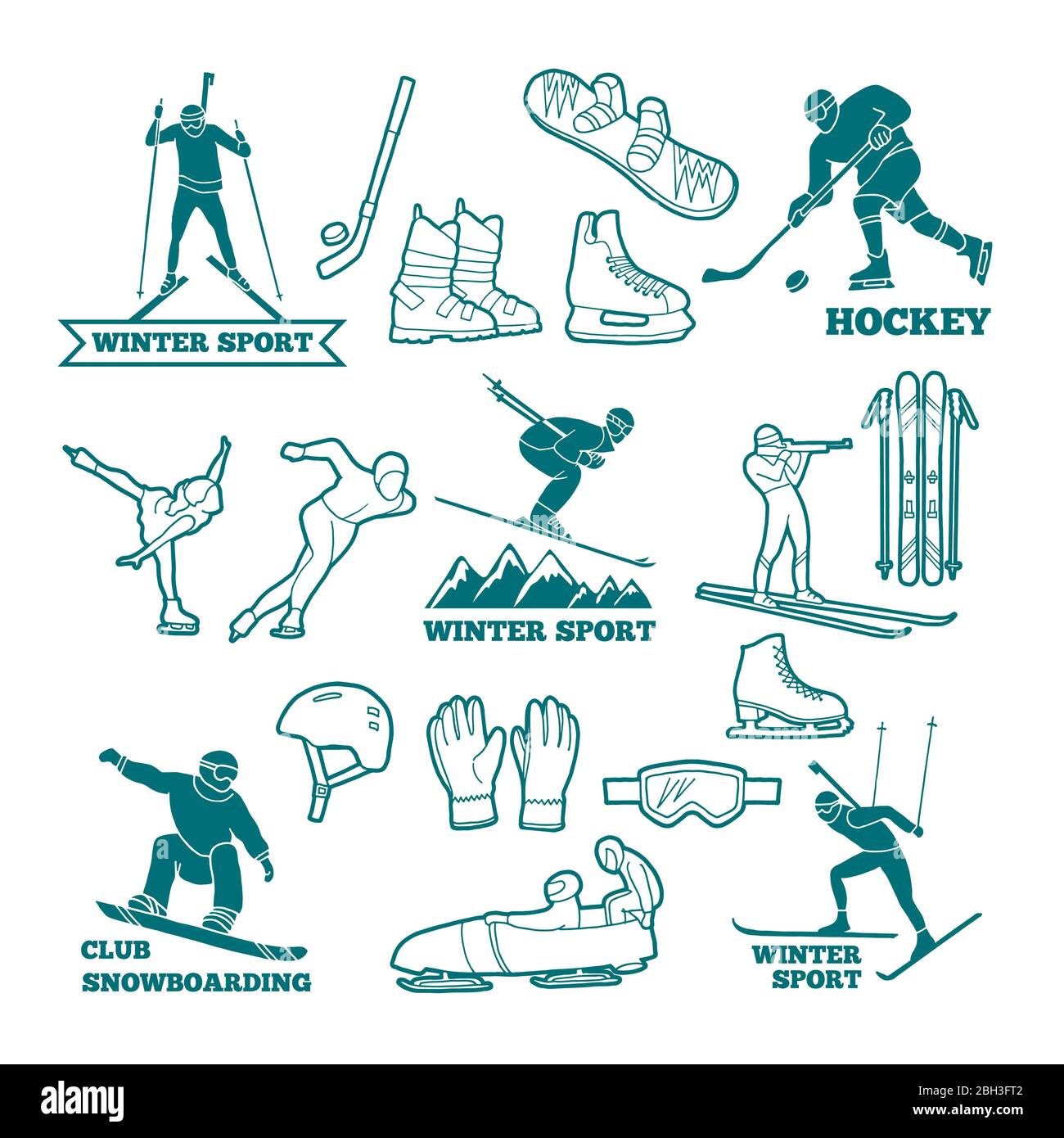 Biathlon, Schlitten, Ski und andere Wintersport monochrome Illustrationen. Symbole für Etiketten und Logos. Vektor des Wintersports Ski und Snowboard Stock Vektor