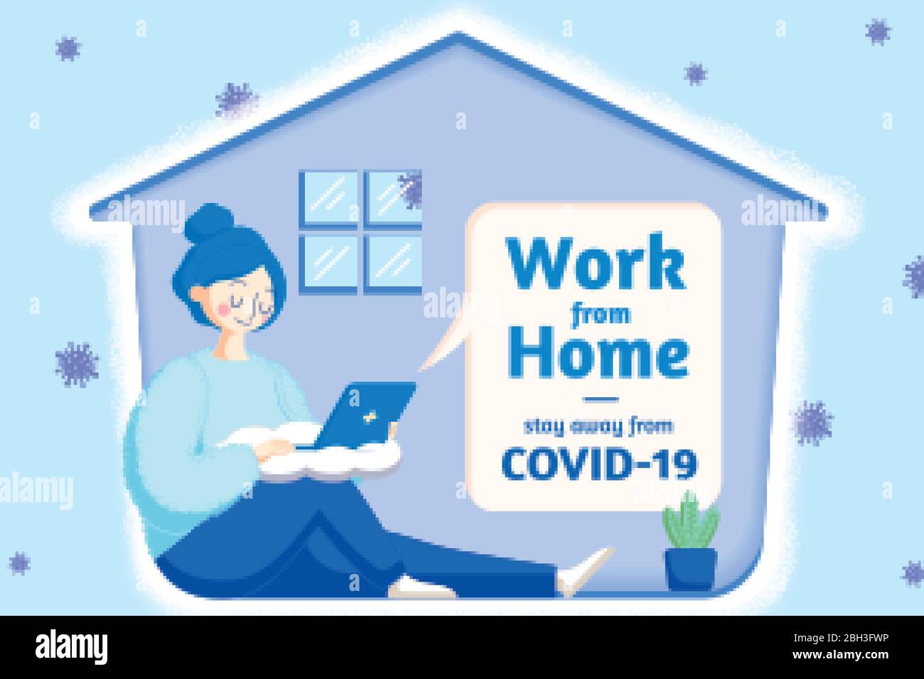 Top Knoten Bun Mädchen arbeitet von zu Hause aus, um weg von COVID-19, Blauton Illustration bleiben Stock Vektor