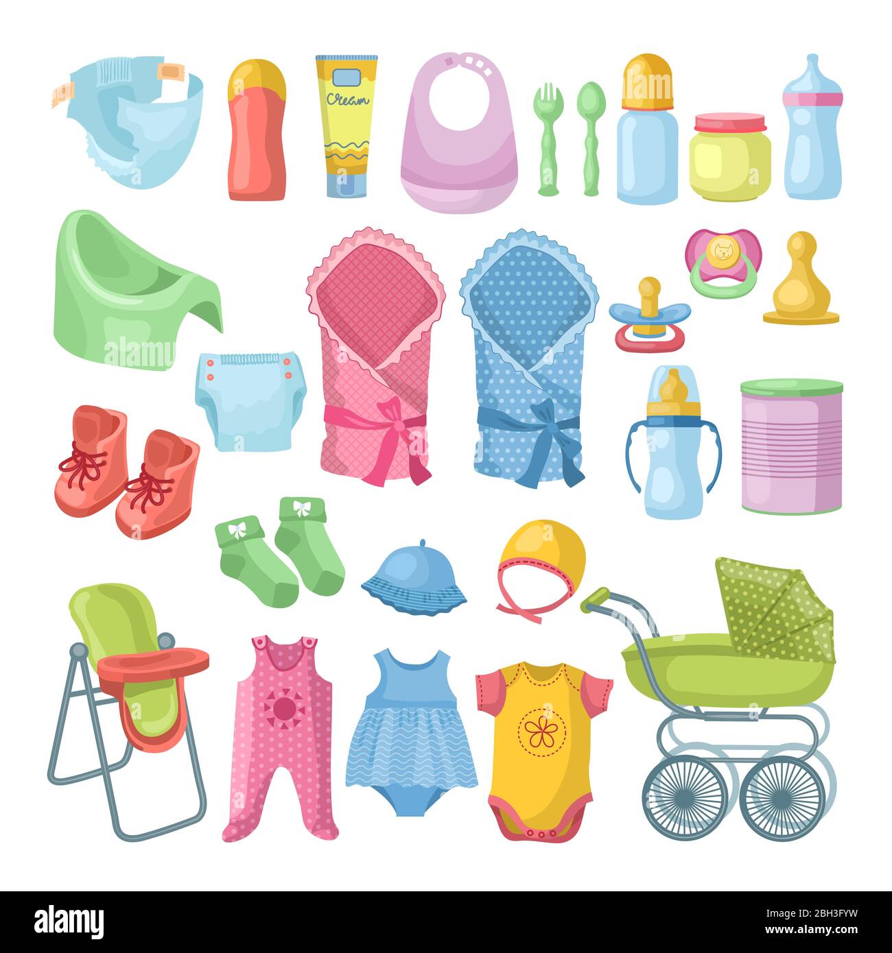 Illustrationen Set von neugeborenen Sachen. Verschiedene Bilder im Cartoon-Stil eingestellt. Kind und Baby tragen Spielzeug, Zubehör für Neugeborene Baby Vektor Stock Vektor