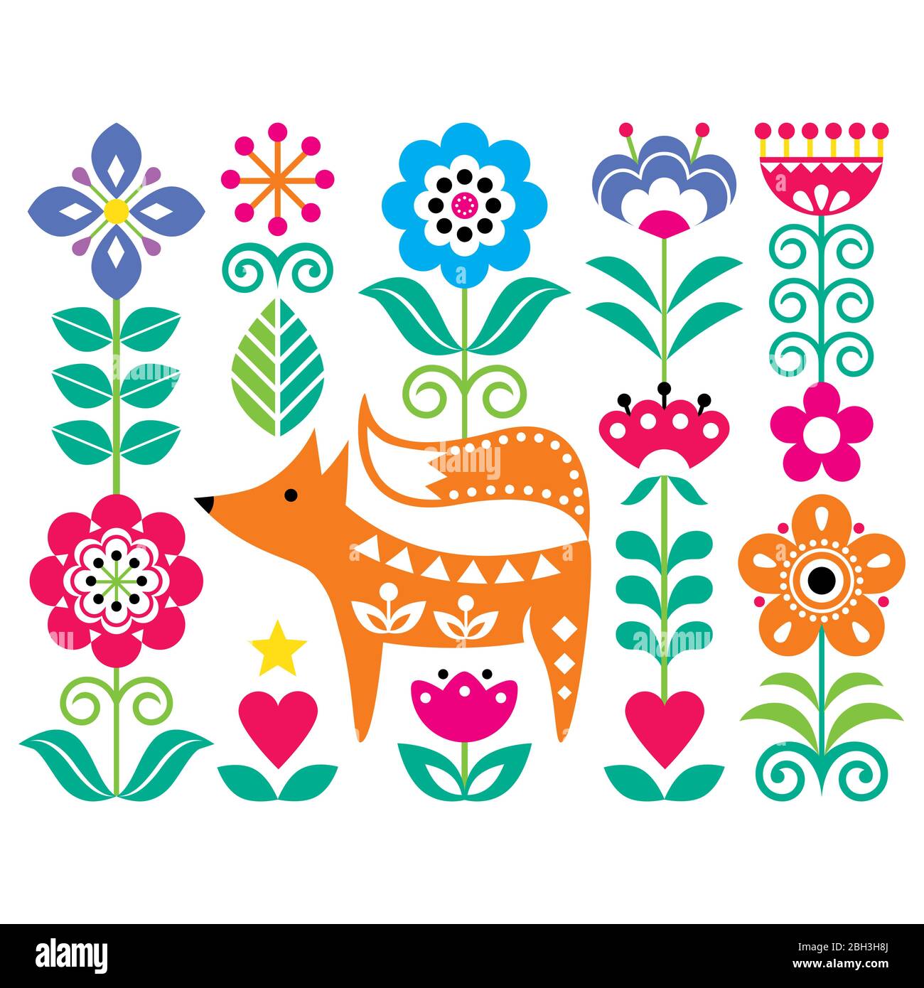 Skandinavische niedliche Volkskunst Vektor-Muster mit Blumen und Fuchs, florale Grußkarte oder Einladung von traditionellen Stickereien aus Schweden inspiriert, NOR Stock Vektor
