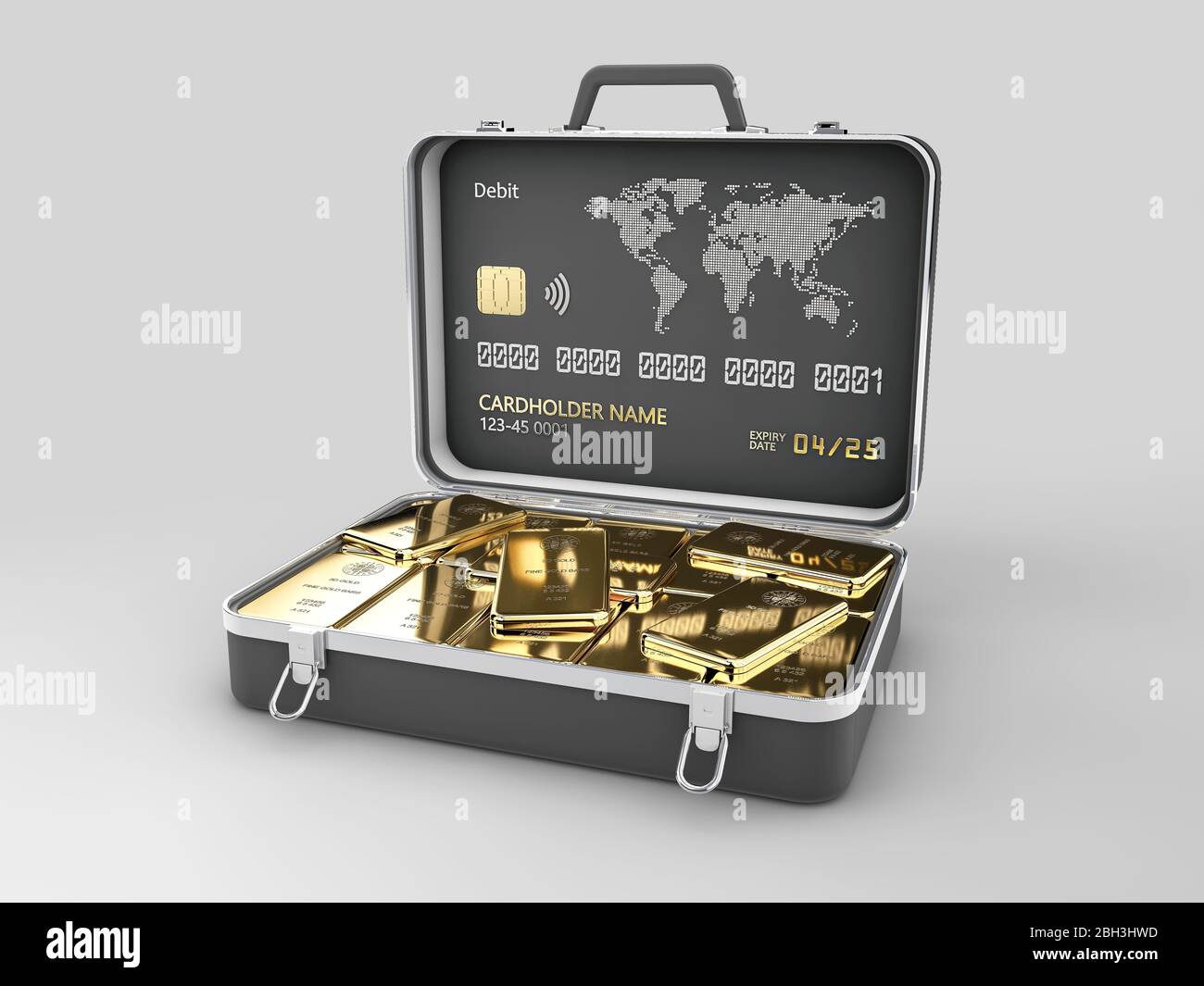 3d-Rendering des Gehäuses voller Goldbarren, Beschneidungspfad enthalten. Stockfoto