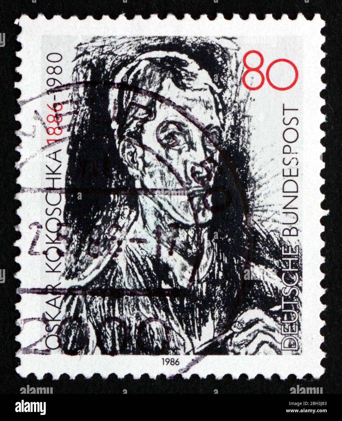 DEUTSCHLAND - UM 1986: Eine in Deutschland gedruckte Briefmarke zeigt Bach-Kantate, Detail, von Oskar Kokoschka, Selbstporträt, um 1986 Stockfoto