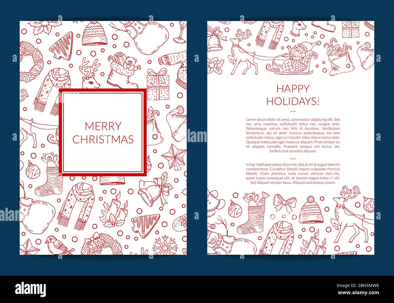 Vektor handgezeichnete weihnachtselemente mit weihnachtsmann, Weihnachtsbaum, Geschenke und Glocken Karte Vorlage mit Rahmen und Ort für Text-Illustration Stock Vektor