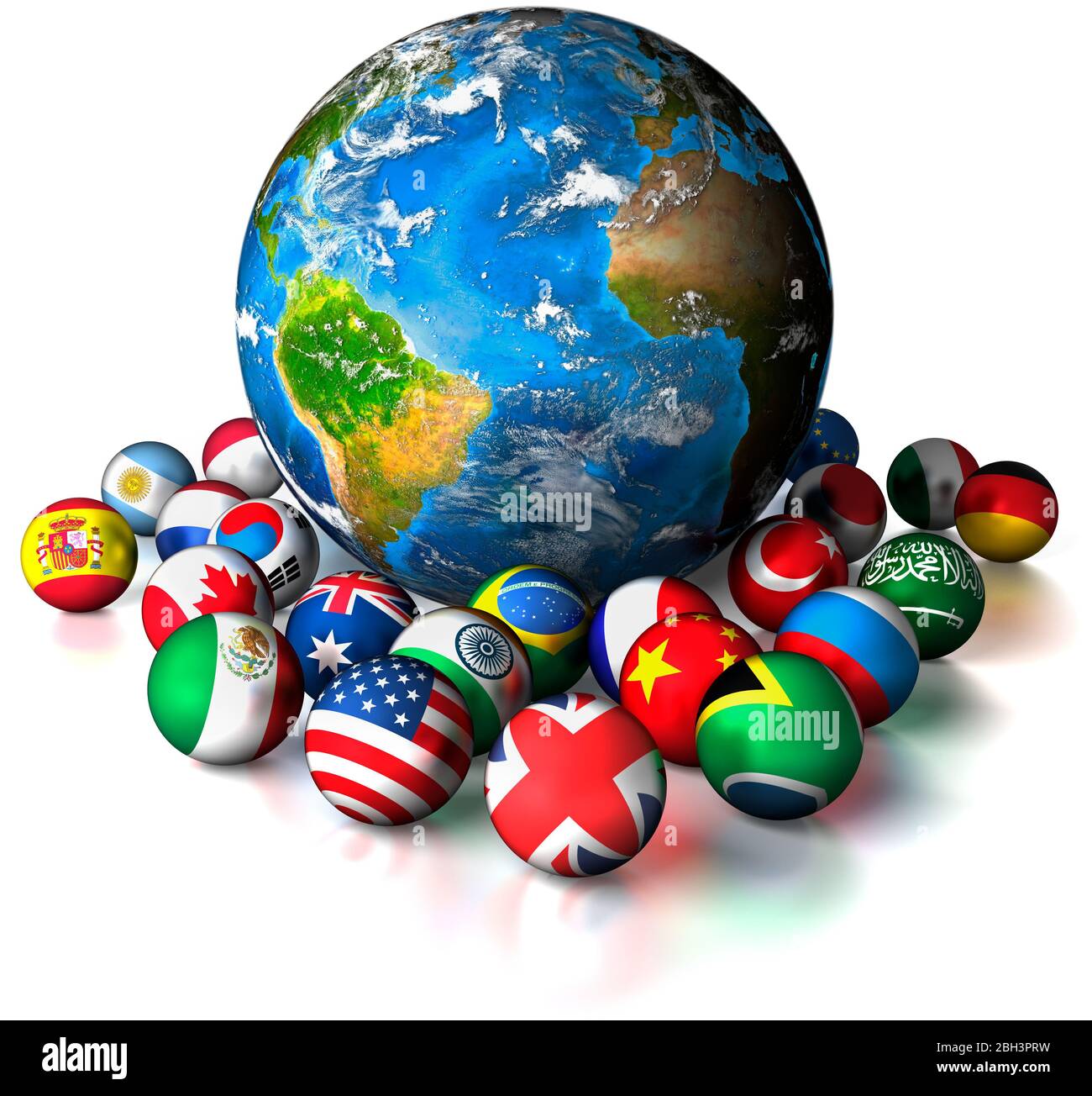 Weihnachtskugeln. Planet Erde von kleineren Dekorationen mit Flaggen der Welt umgeben. Weißer Hintergrund. Internationale Feier. Stockfoto