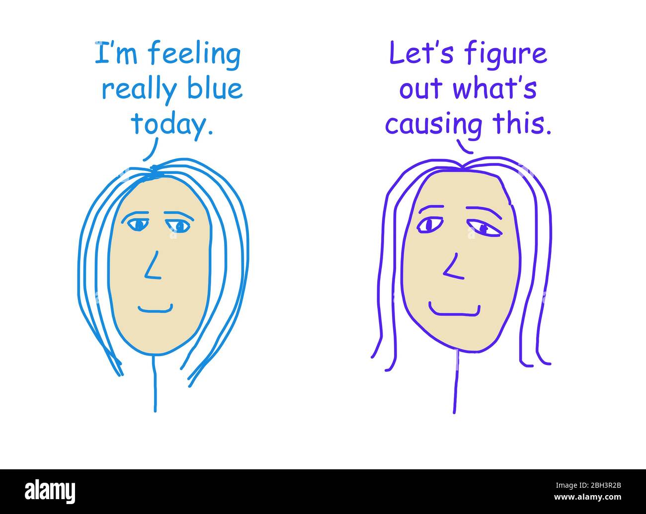 Farbe Cartoon von zwei Frauen reden über den Versuch, herauszufinden, warum eine der Frauen fühlt sich so blau, so unten. Stockfoto