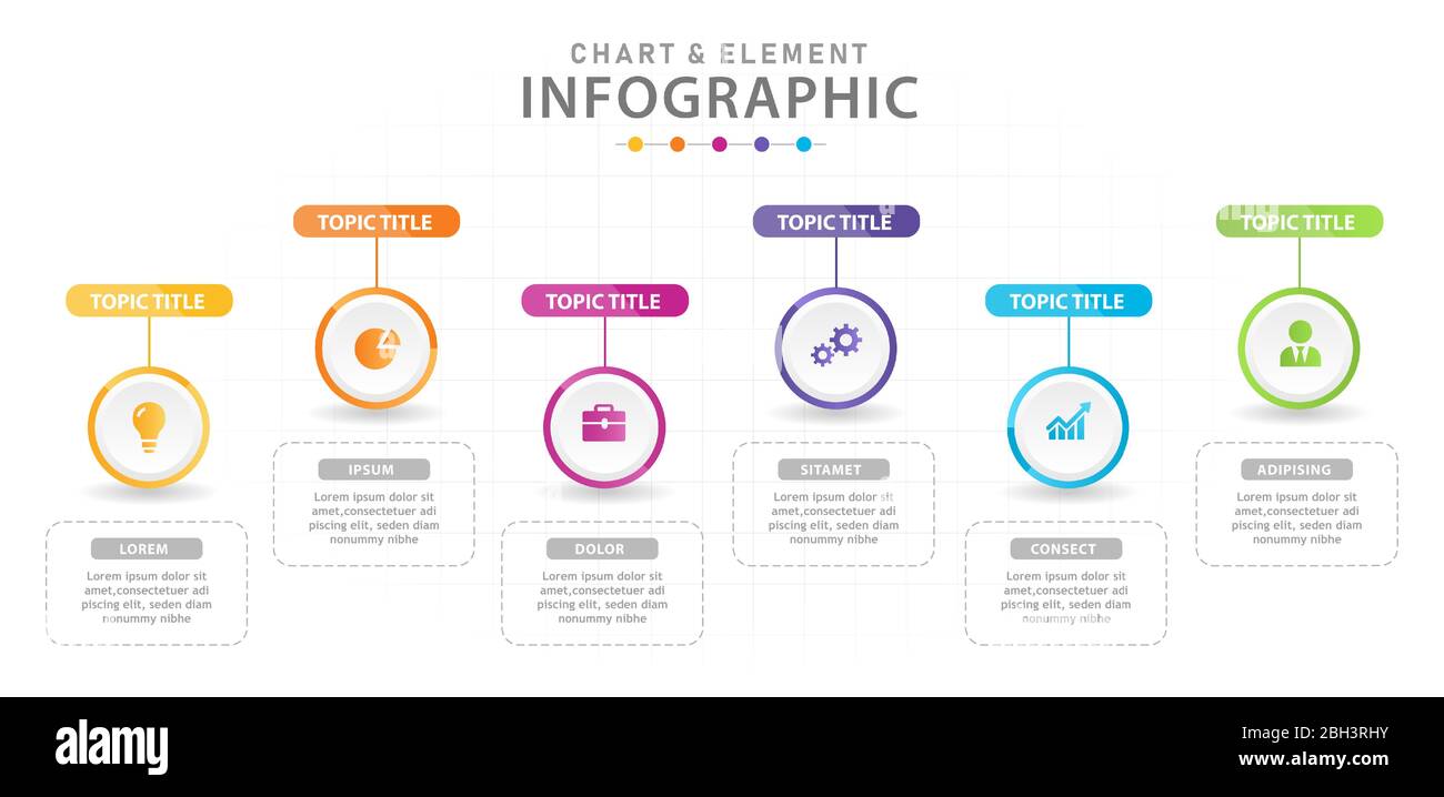 Infografik Vorlage für Unternehmen. 6 Schritte modernes Diagramm-Element mit Kreisen, Präsentationsvektor Infografik. Stock Vektor