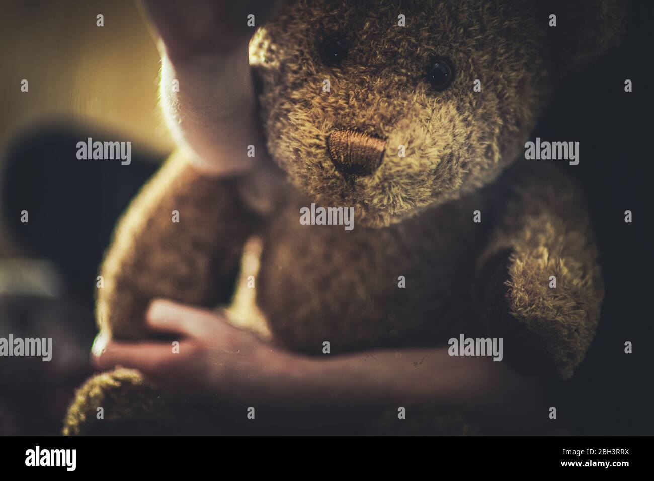 Nahaufnahme Von Kind Holding Teddybär Auf Runde. Stockfoto