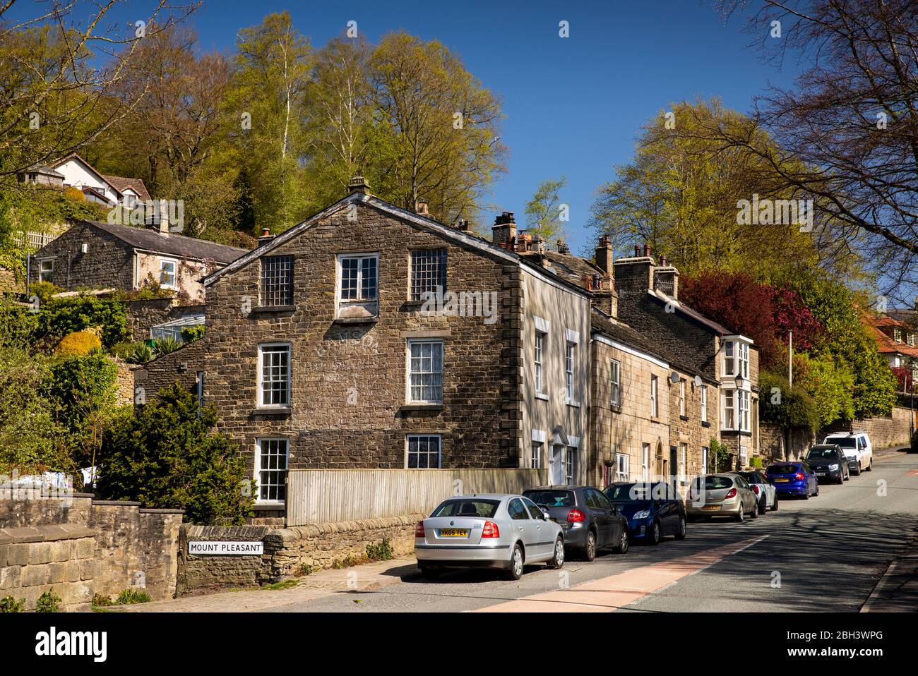 Großbritannien, England, Cheshire, Bollington, Shrigley Road, traditionelle Steinhäuser auf der Straße nach Pott Shrigley Stockfoto