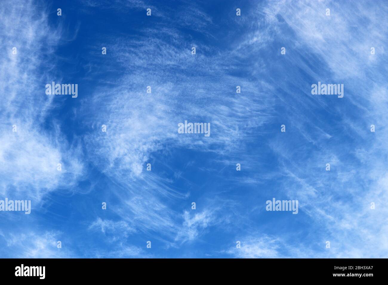 Blauer Himmel mit weißen Zirruswolken bedeckt. Frühling Wolkenlandschaft, schönes Wetter Hintergrund, abstraktes Muster Stockfoto