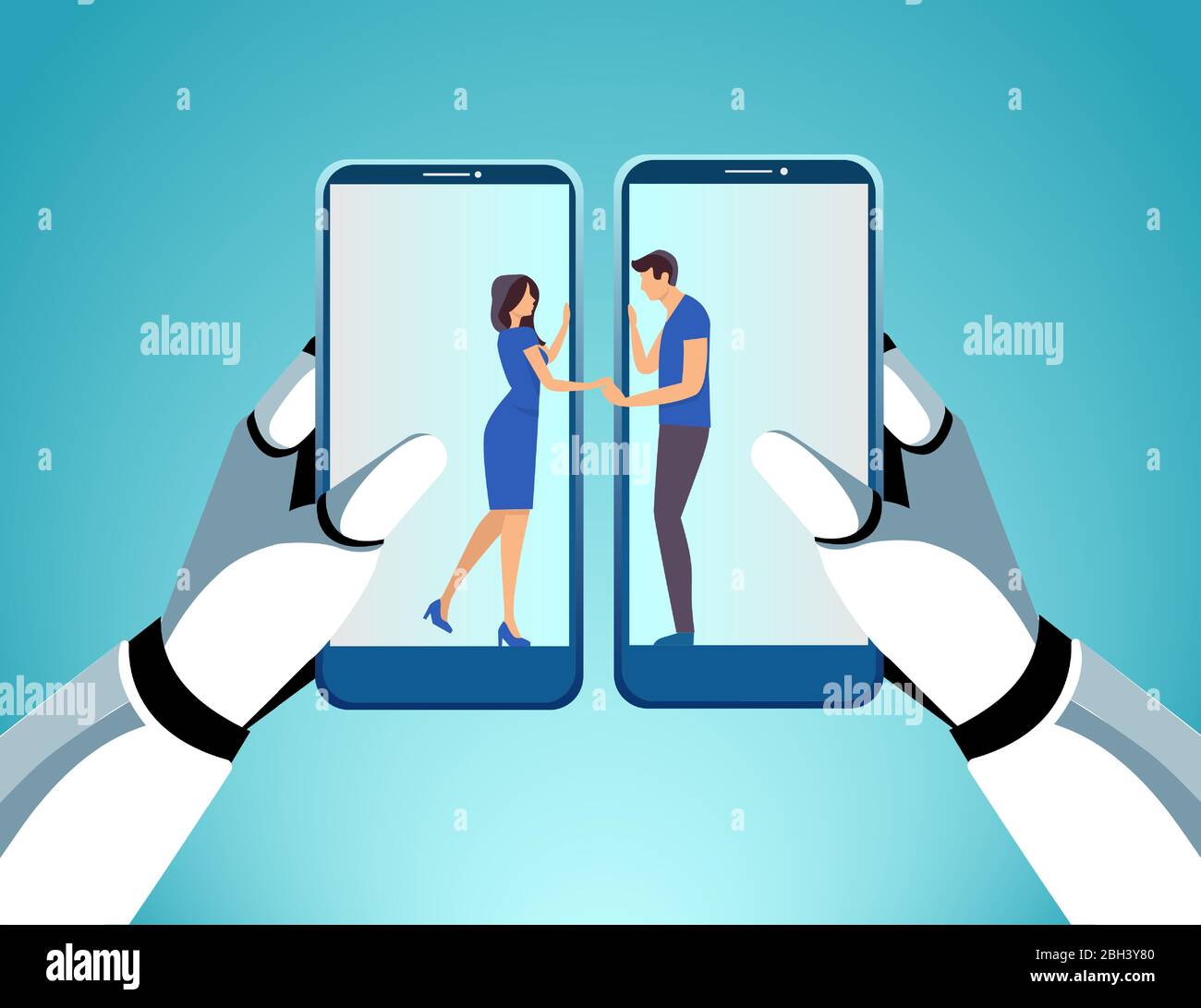 Online Dating App Konzept. Vektor eines Roboters Hände halten zwei Smartphones verbindet junge Paar über socila Medienplattform Stock Vektor