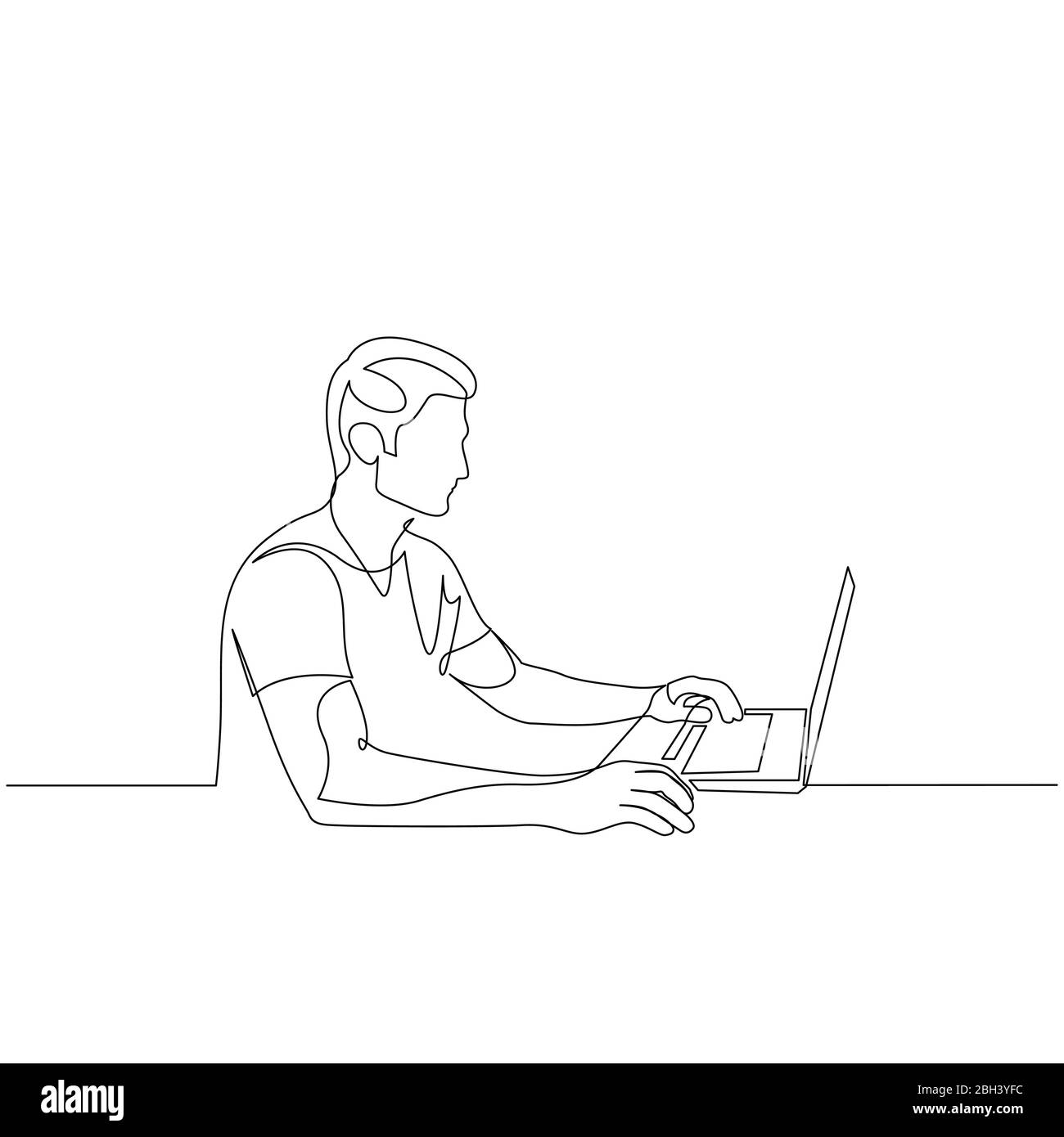 Ein Mann mit einer Leitung arbeitet ständig an einem Laptop. Vektorgrafik. Stock Vektor