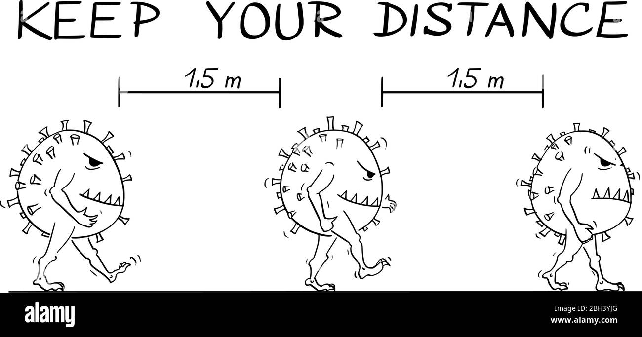 Vektor Cartoon Stick Figur Zeichnung Lehr-illustrationvon Coronaviren zu Fuß auf der Straße während Coronavirus COVID-19 Epidemie. Halten Sie den Text für die Distanz. Stock Vektor