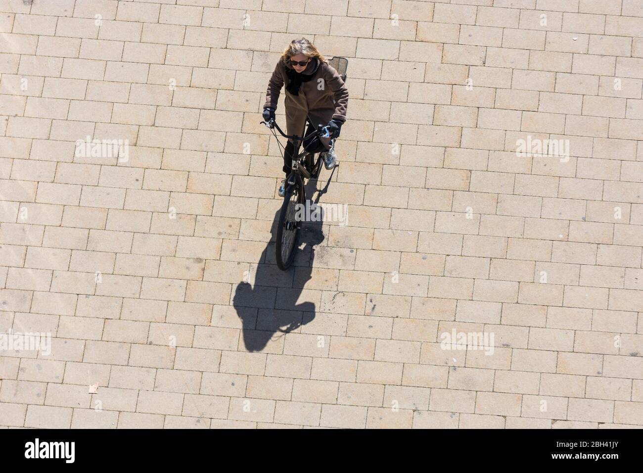 Wien, Wien: Frau auf dem Fahrrad allein, langer Schatten, in , Wien, Österreich Stockfoto