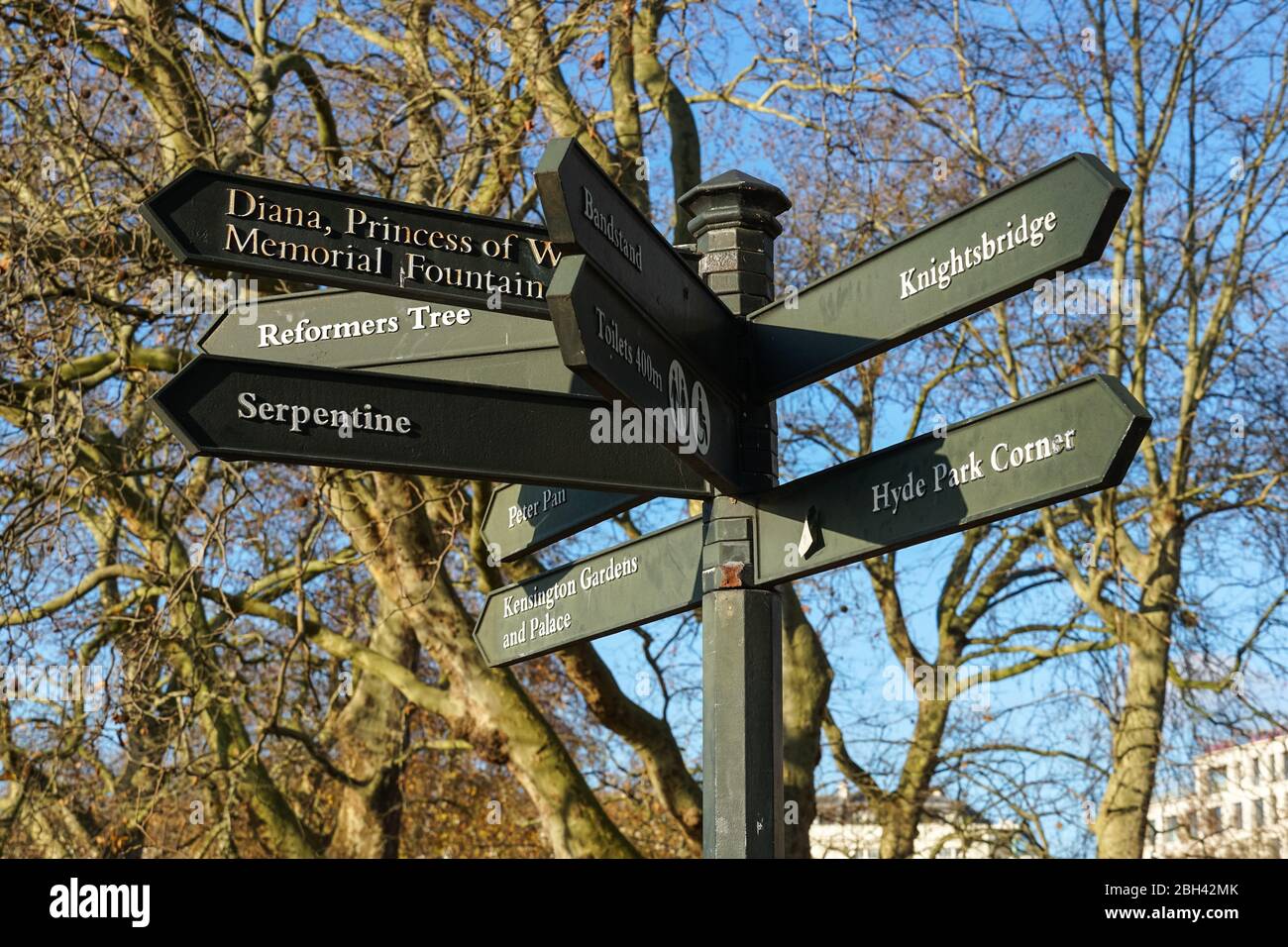 Wegweiser in Hyde Park, London England Vereinigtes Königreich Großbritannien Stockfoto