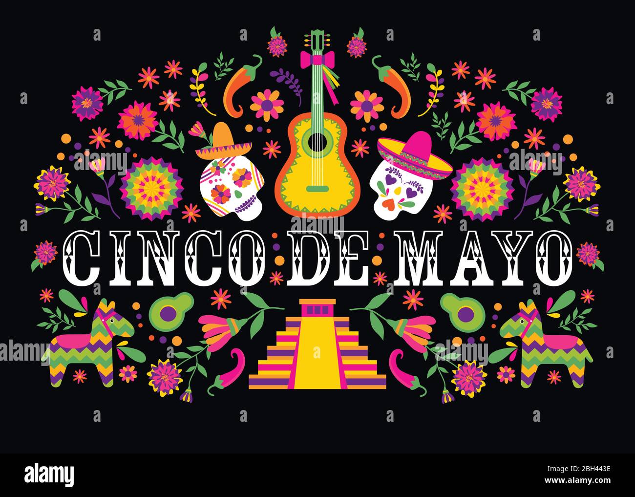 Cinco de Mayo-Mai 5.-Typografie Banner Vektor. Mexiko Design für Fiesta Karten oder Party Einladung, Poster. Blumen traditionellen mexikanischen Rahmen mit Stock Vektor