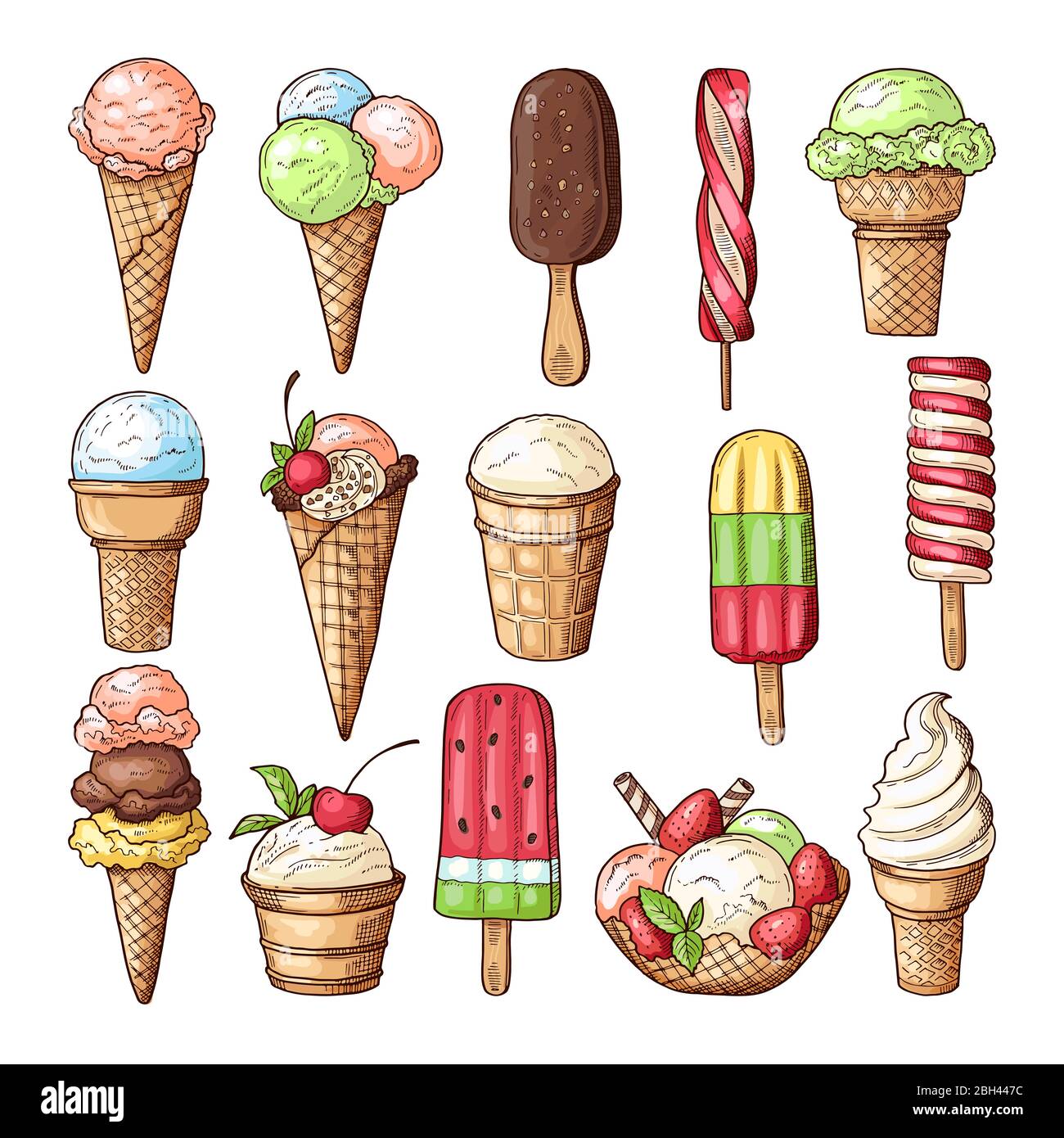 Farbige Illustrationen von Eis mit Schokolade, Lutscher und Erdbeere. Vektor Bilder Set von verschiedenen Desserts. Sammlung von Eis desse Stock Vektor