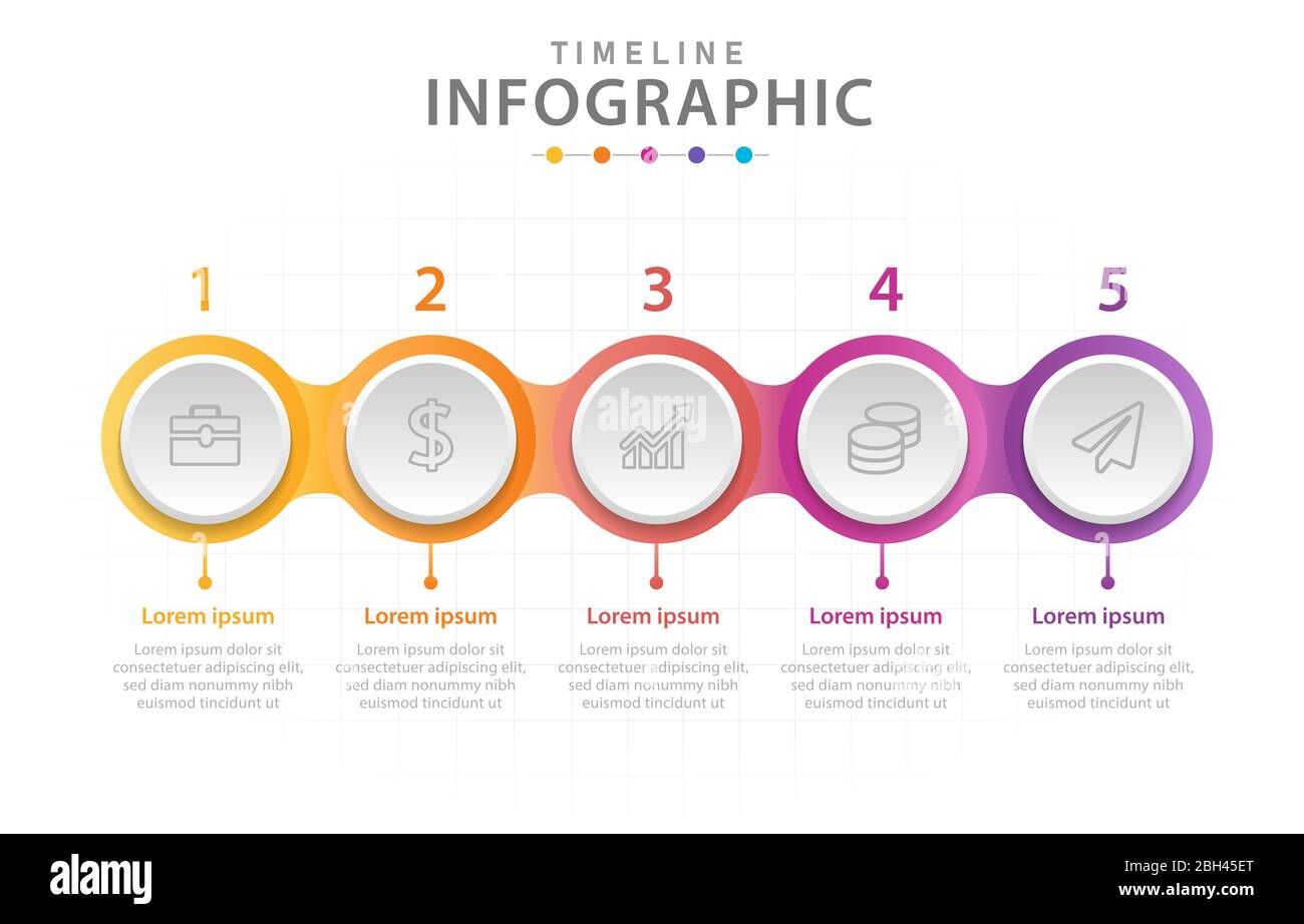 Infografik Vorlage für Unternehmen. 5 Schritte Zeitleisten-Diagramm mit Kreisen, Präsentation Vektor Infografik. Stock Vektor