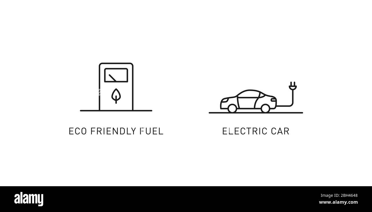 Umweltfreundliche Kraftstoff und Elektroauto dünne Linie Symbole. Designelemente für erneuerbare Energien, grüne Technologie. Vektorgrafik. Stock Vektor