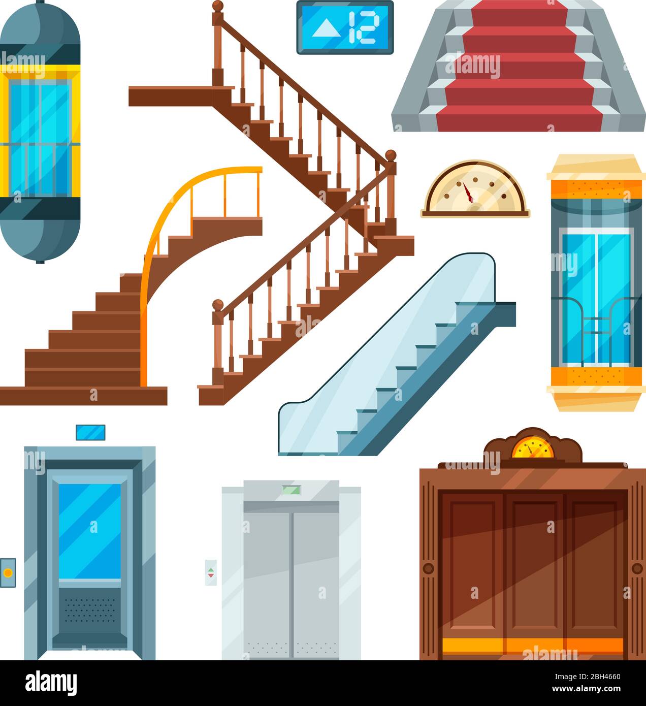Aufzüge und Treppen in verschiedenen Stilen. Hebemechanismen im Cartoon-Stil. Aufzug und Lift, Treppe und Rolltreppe, Vektorgrafik Stock Vektor