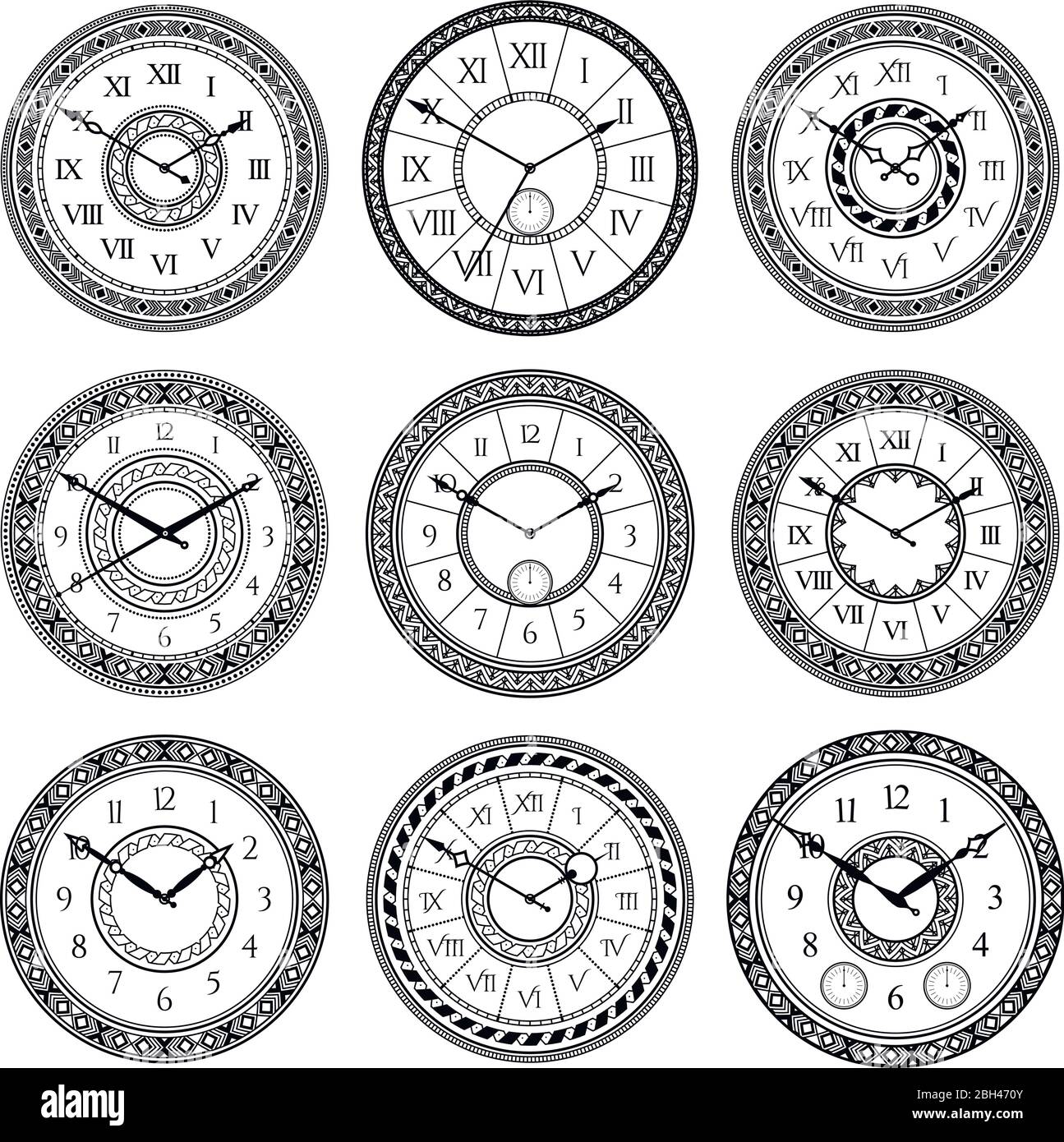 Vektor-Set von Vintage-Uhren. Monochrome Bilder isolieren. Symbole der Zeit. Uhr Zeit mit Pfeil und antiken Ziffernblatt Abbildung Stock Vektor