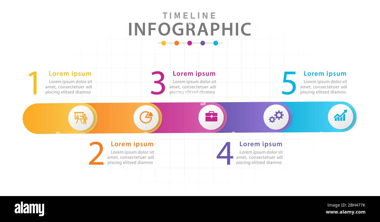 Infografik Vorlage für Unternehmen. 5 Schritte Zeitleisten-Diagramm mit Kreisen, Präsentation Vektor Infografik. Stock Vektor