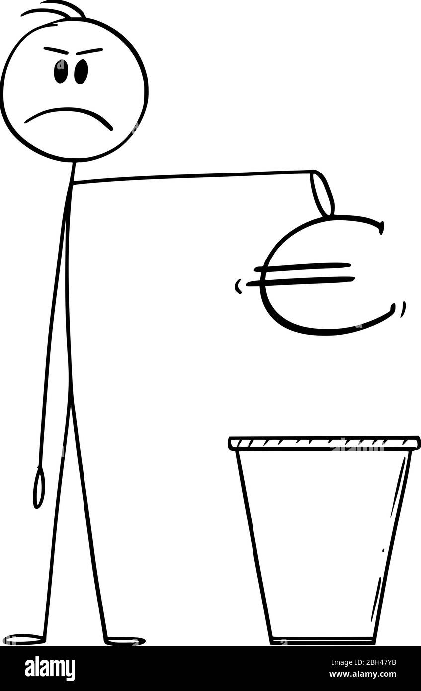 Vektor Cartoon Stick Figur Zeichnung konzeptionelle Illustration von Mann oder Geschäftsmann werfen Euro Währung Symbol in Müll oder Abfall oder Abfallbehälter oder Mülltonne oder Mülleimer. Stock Vektor