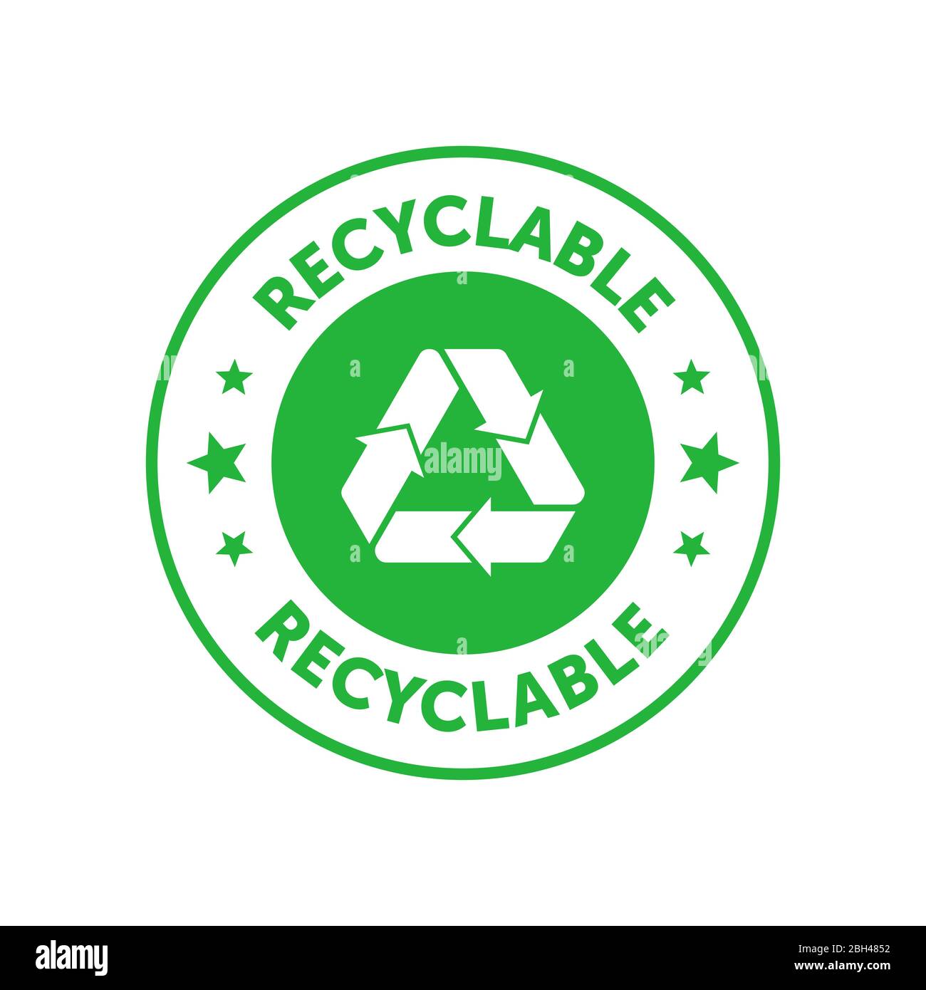 Recycelbares grünes Kreisabzeichen mit Mobius-Streifen und Sternen. Design-Element für Verpackungsdesign und Werbematerial. Vektorgrafik. Stock Vektor