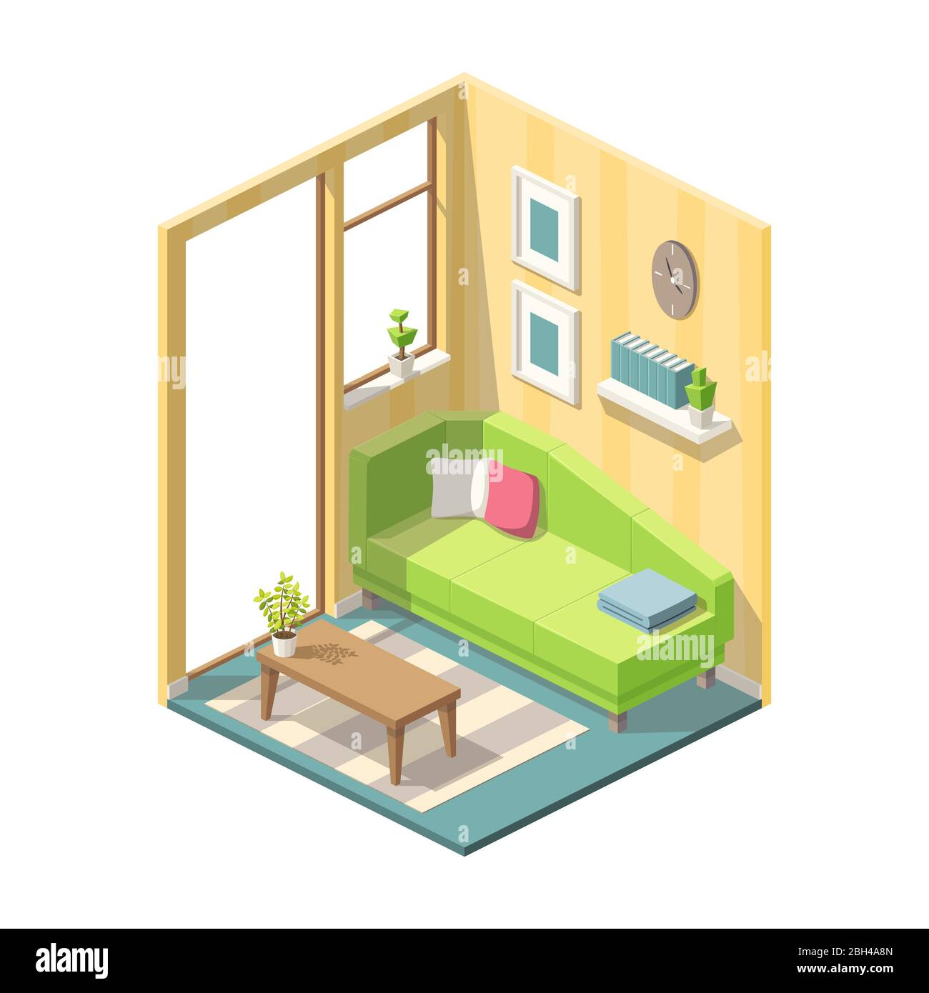 Isometrisches Wohnzimmer mit Möbeln. Vektorgrafiken mit separaten Ebenen. Stock Vektor