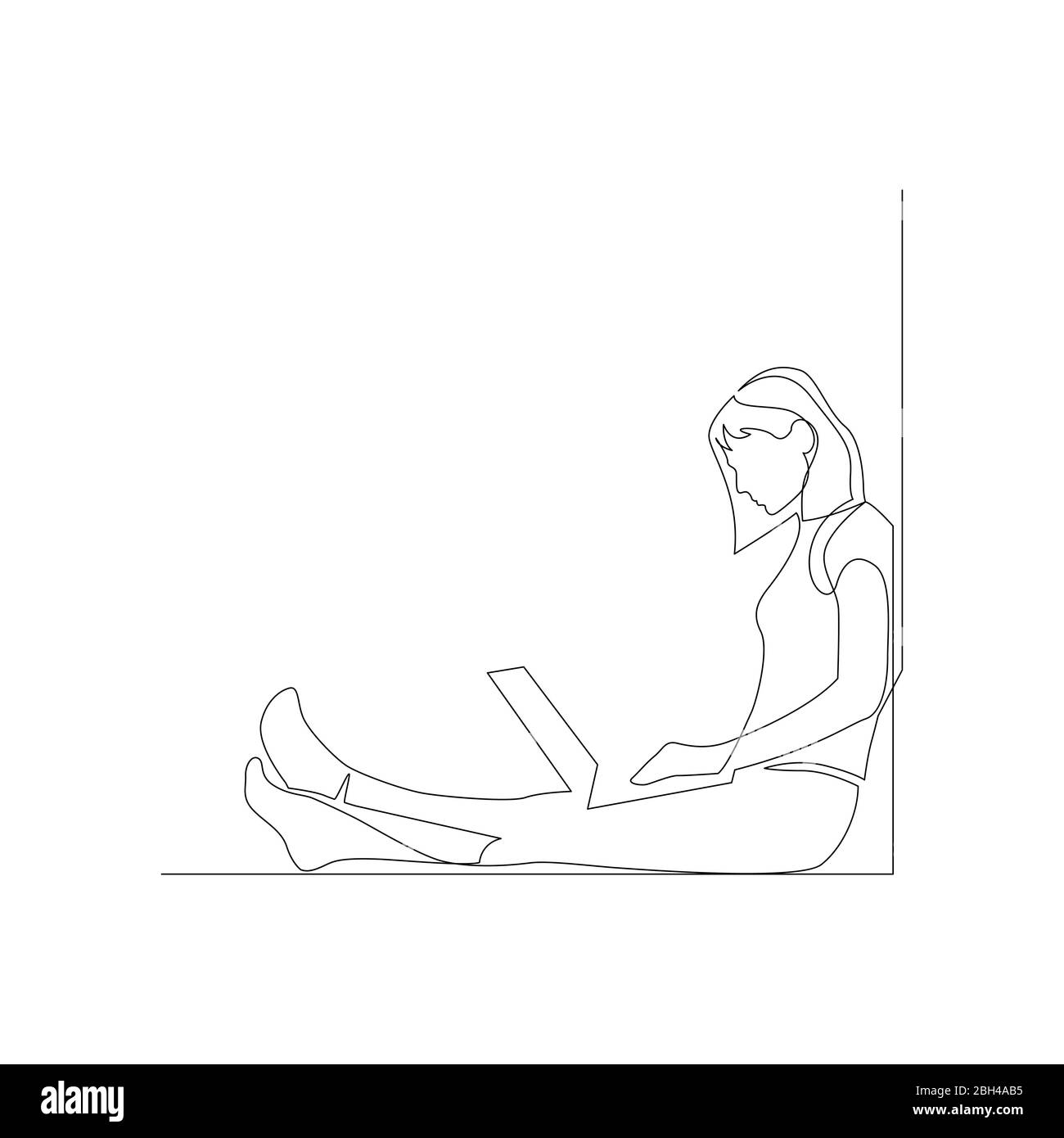 Eine Frau mit Laptop sitzt auf dem Boden und lehnt sich an eine Wand. Vektorgrafik. Stock Vektor
