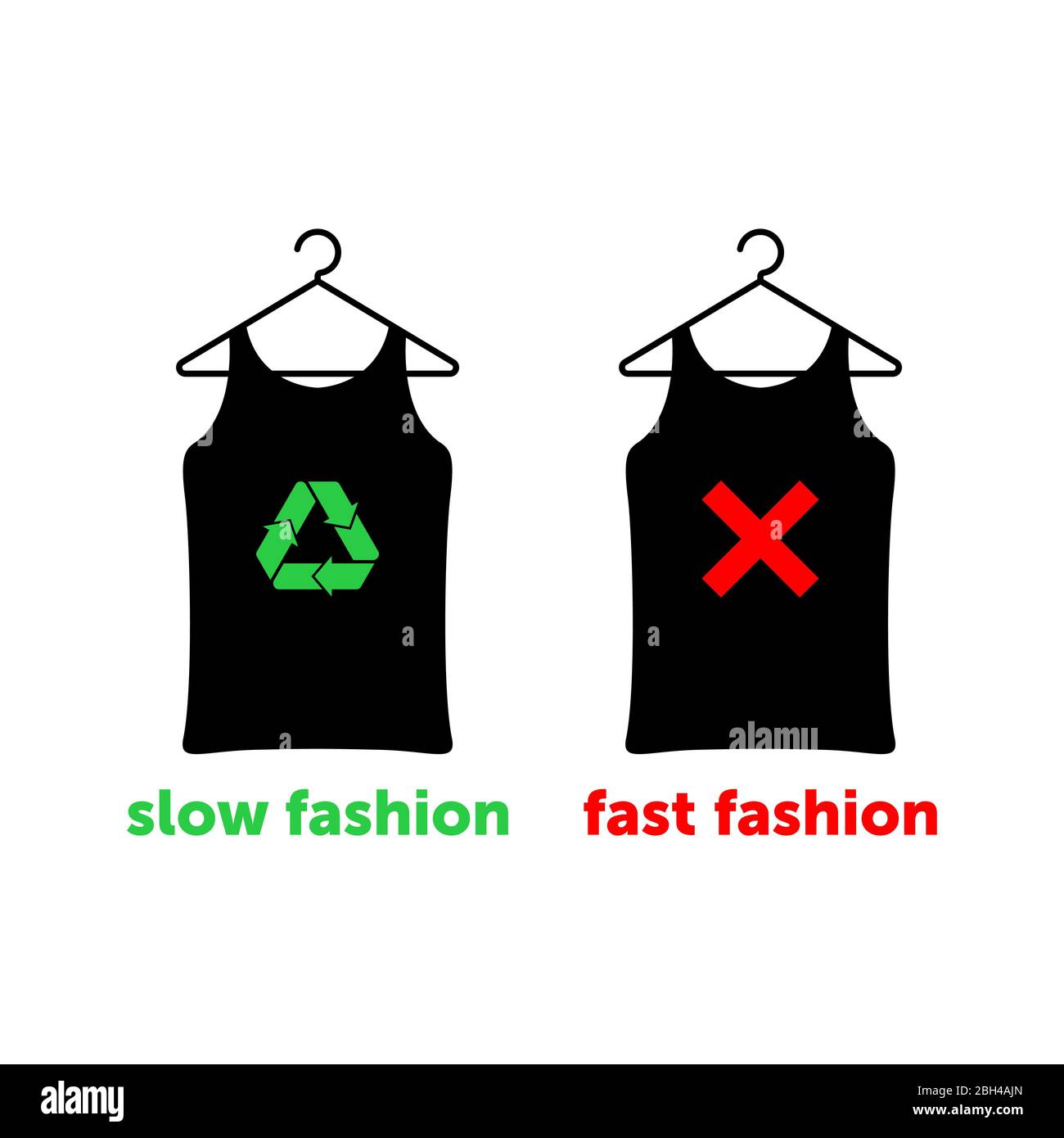 Slow Fashion ist die richtige Wahl, um die Erde zu retten. Zwei T-Shirts auf Kleiderbügeln mit rotem Kreuz und grünem Recycling-Schild. Vektorgrafik. Stock Vektor