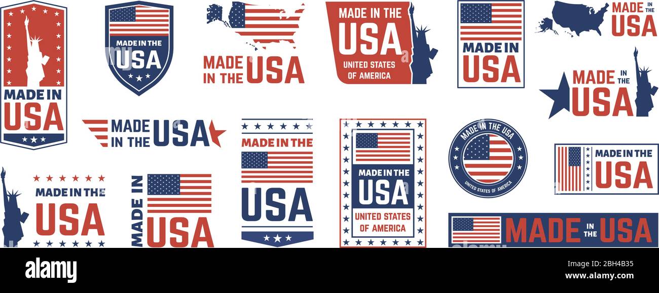 Made in USA Label. Amerikanische Flagge Emblem, Patriot stolze Nation Etiketten Symbol und vereinigte Staaten Label Briefmarken Vektor isoliert Symbole gesetzt. US-Produktstick Stock Vektor